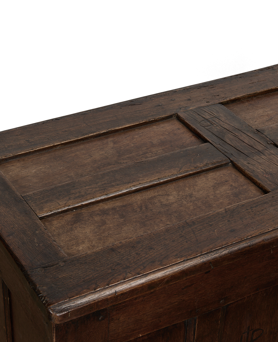 Close-up of vintage French oak trunk lid, showing paneled detail and rich patina.