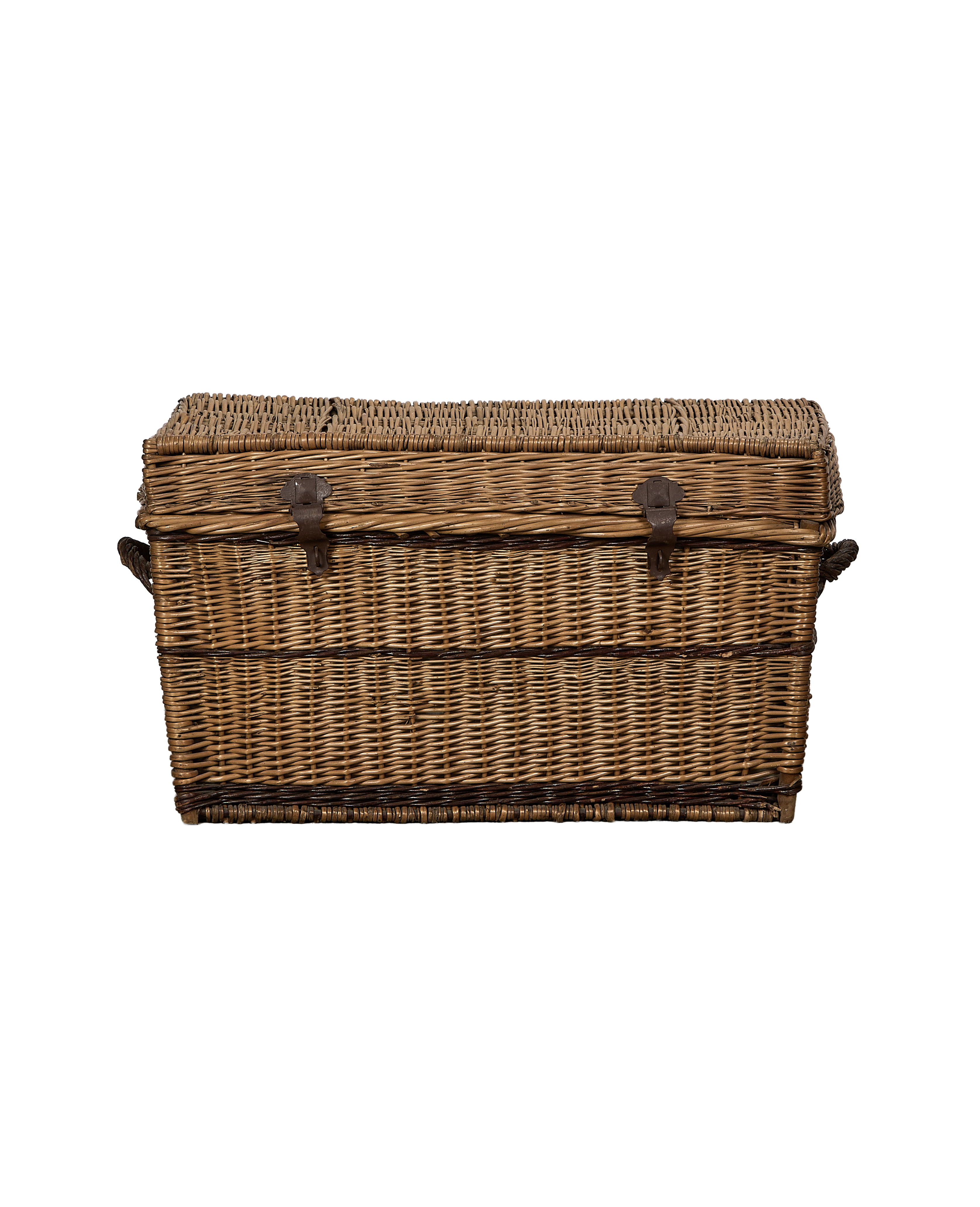 Vintage rectangular French wicker chest, oak-framed, featuring two dark metal latches and handles.