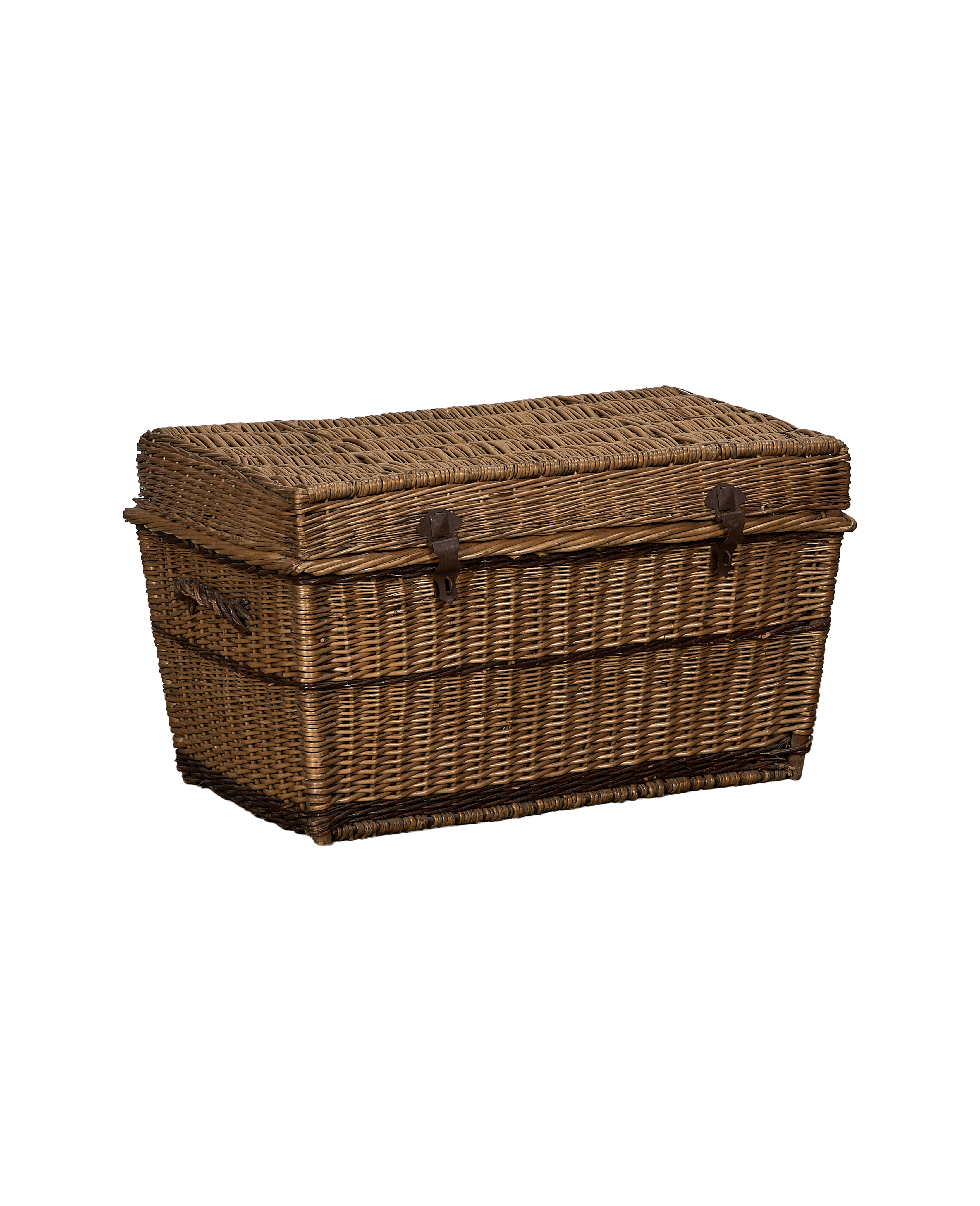 Vintage French rectangular wicker chest, side view showing distressed metal latches.