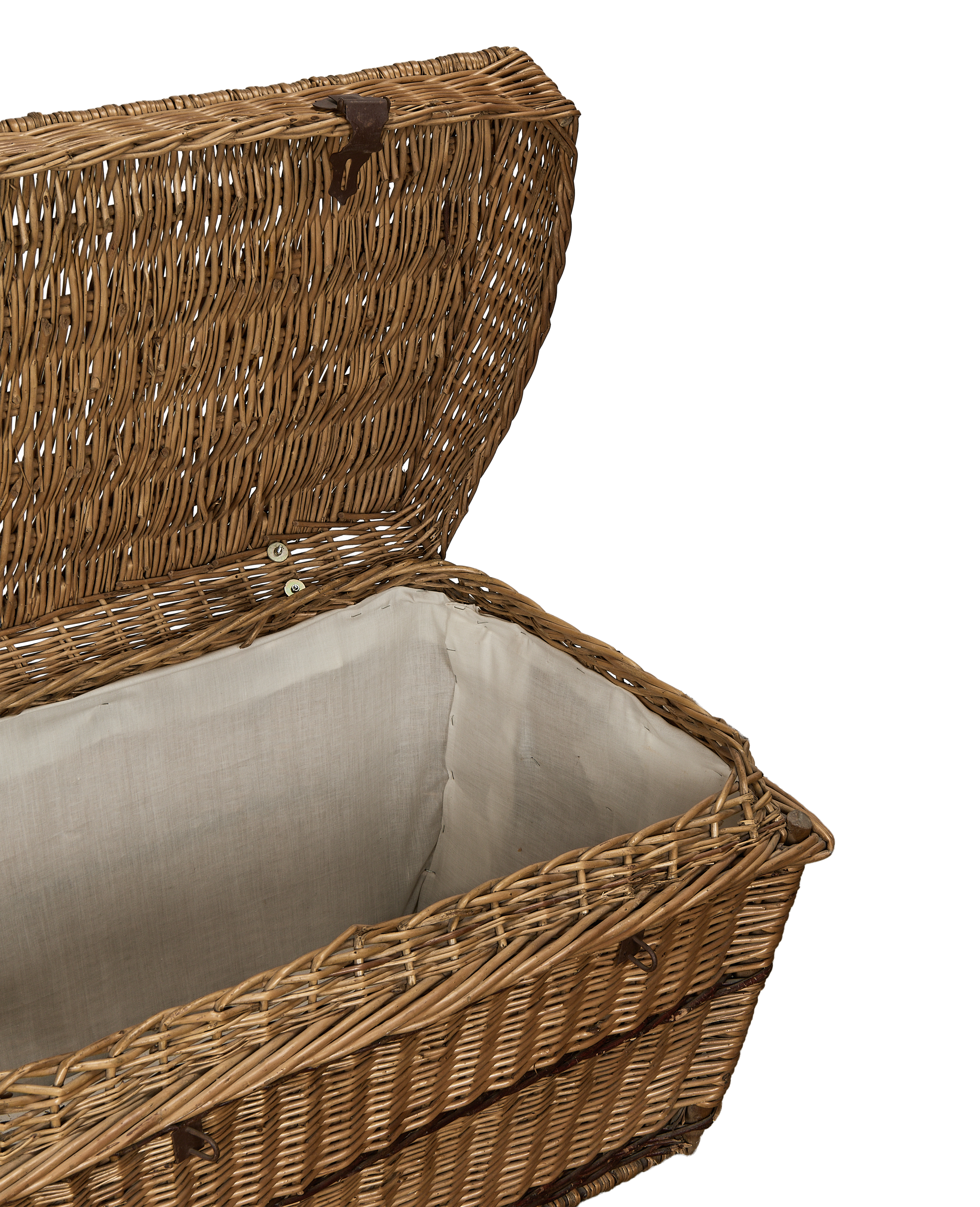 Vintage French wicker rectangular storage chest with open lid, showing off the clean white fabric lining.