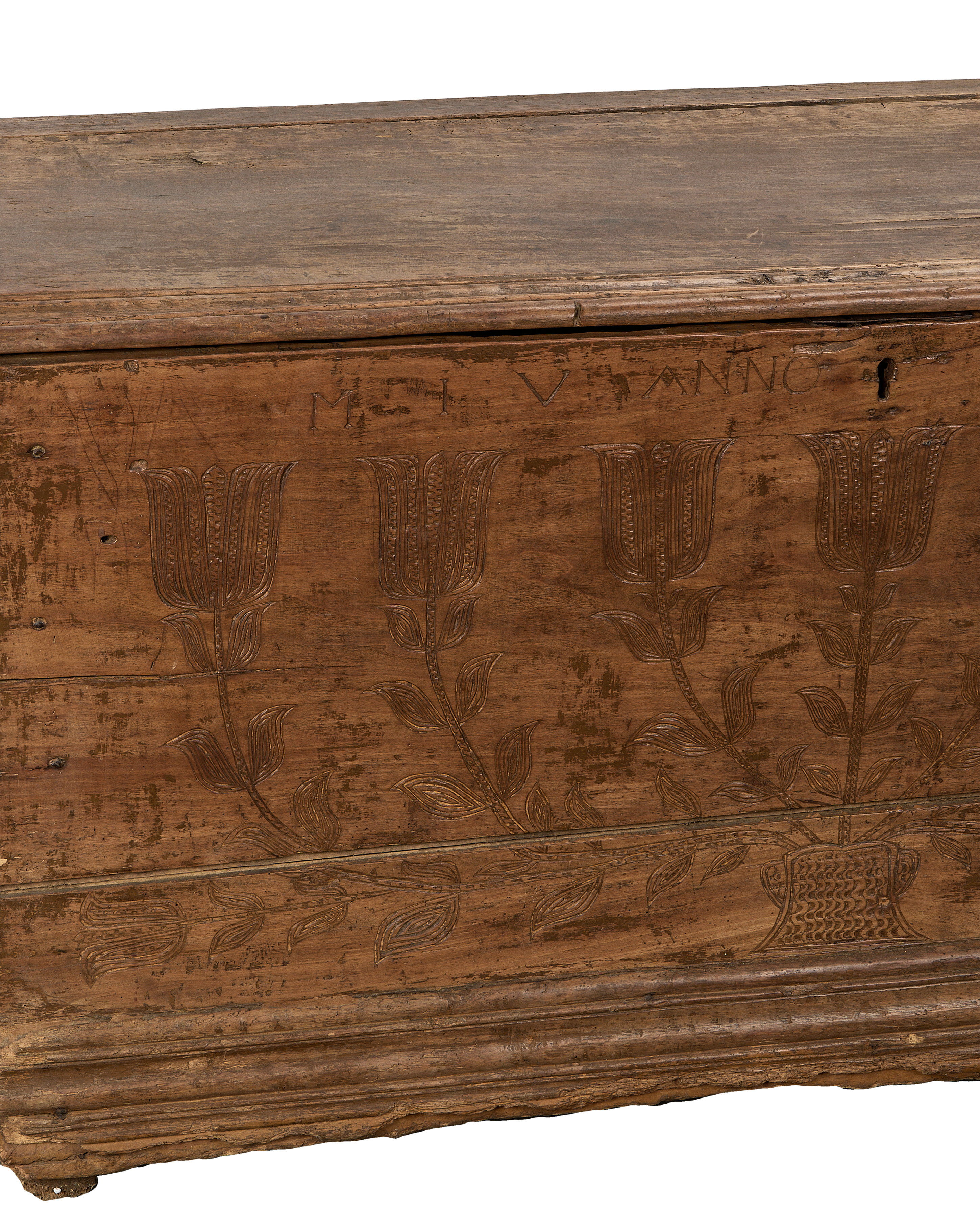 Vintage French oak chest, carved tulips, and 
