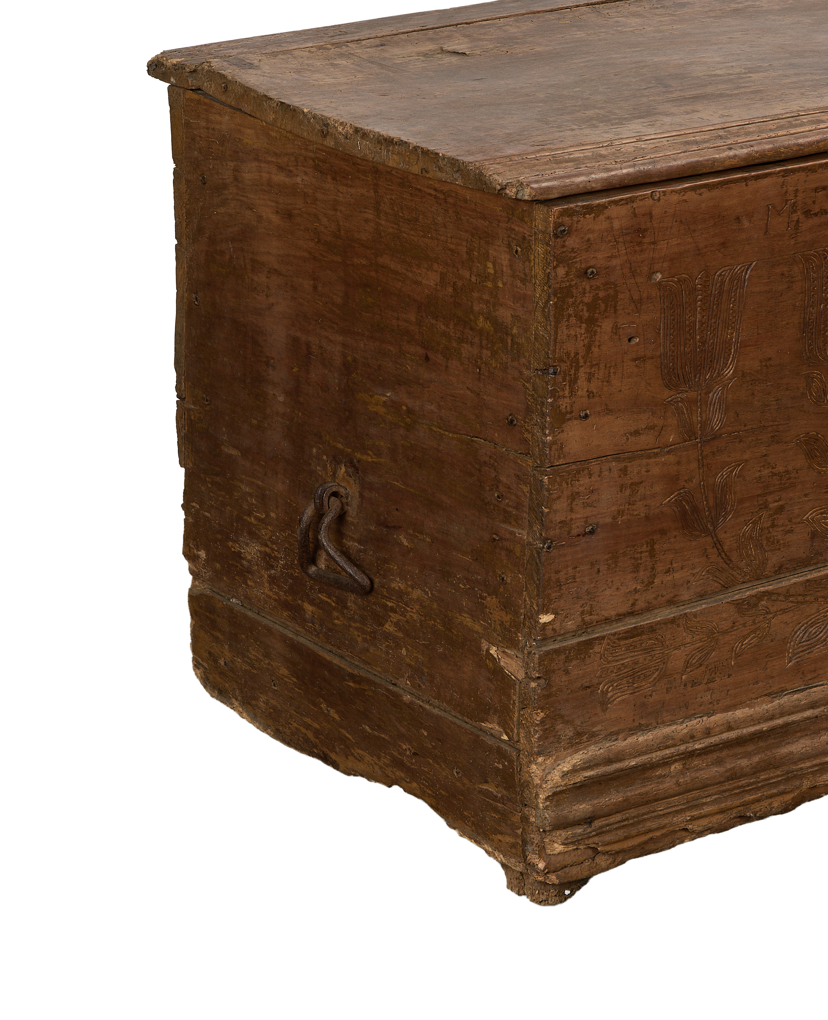 Vintage French oak chest, closed lid detail, with aged patina and carved floral motif.