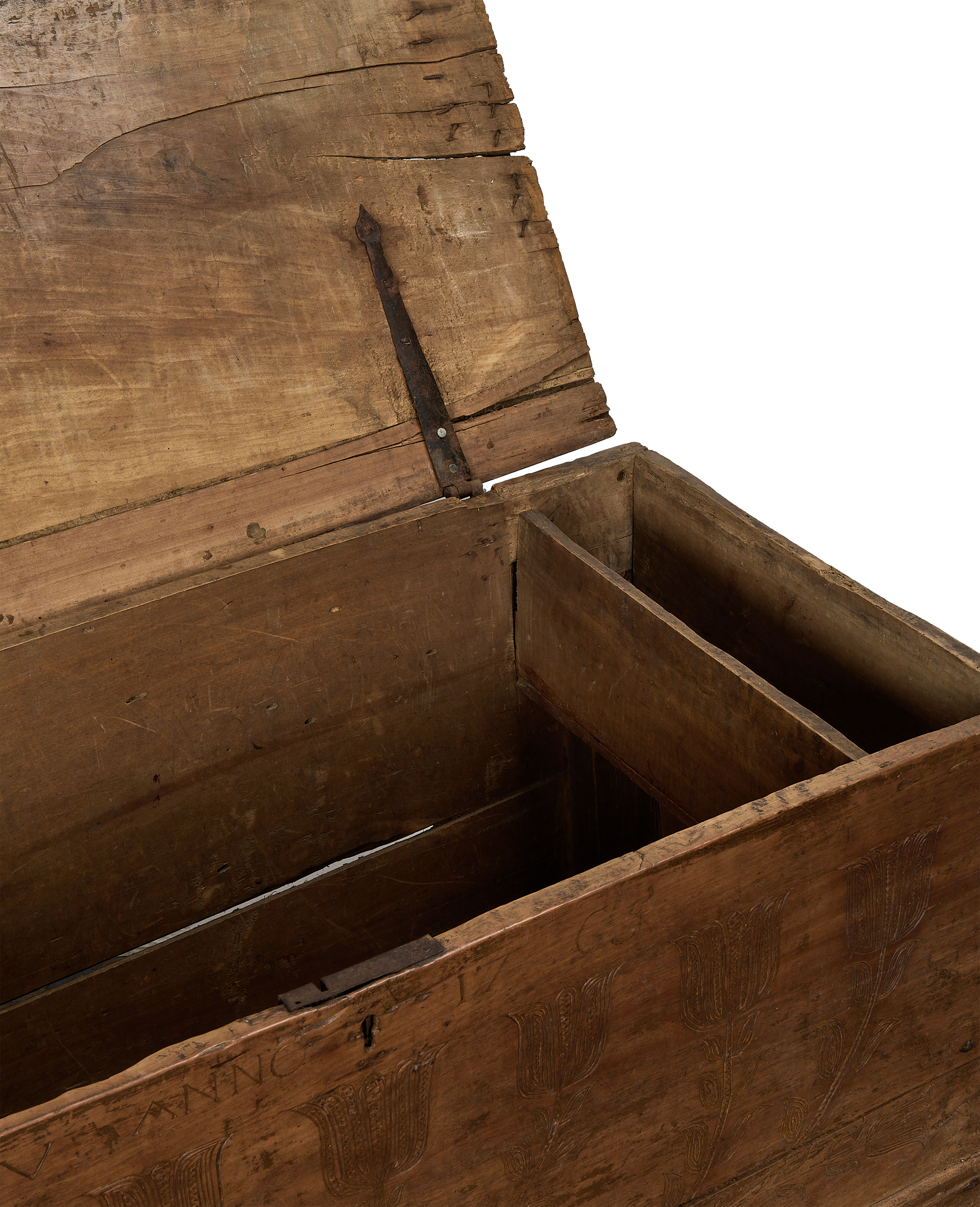 Vintage French oak chest, open lid detailing interior storage compartments and condition.