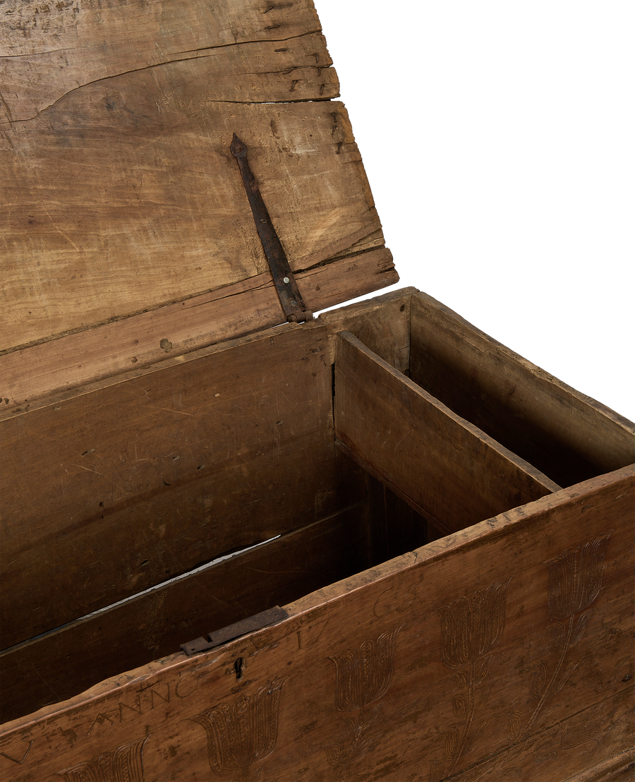 Vintage French oak chest, open lid detailing interior storage compartments and condition.