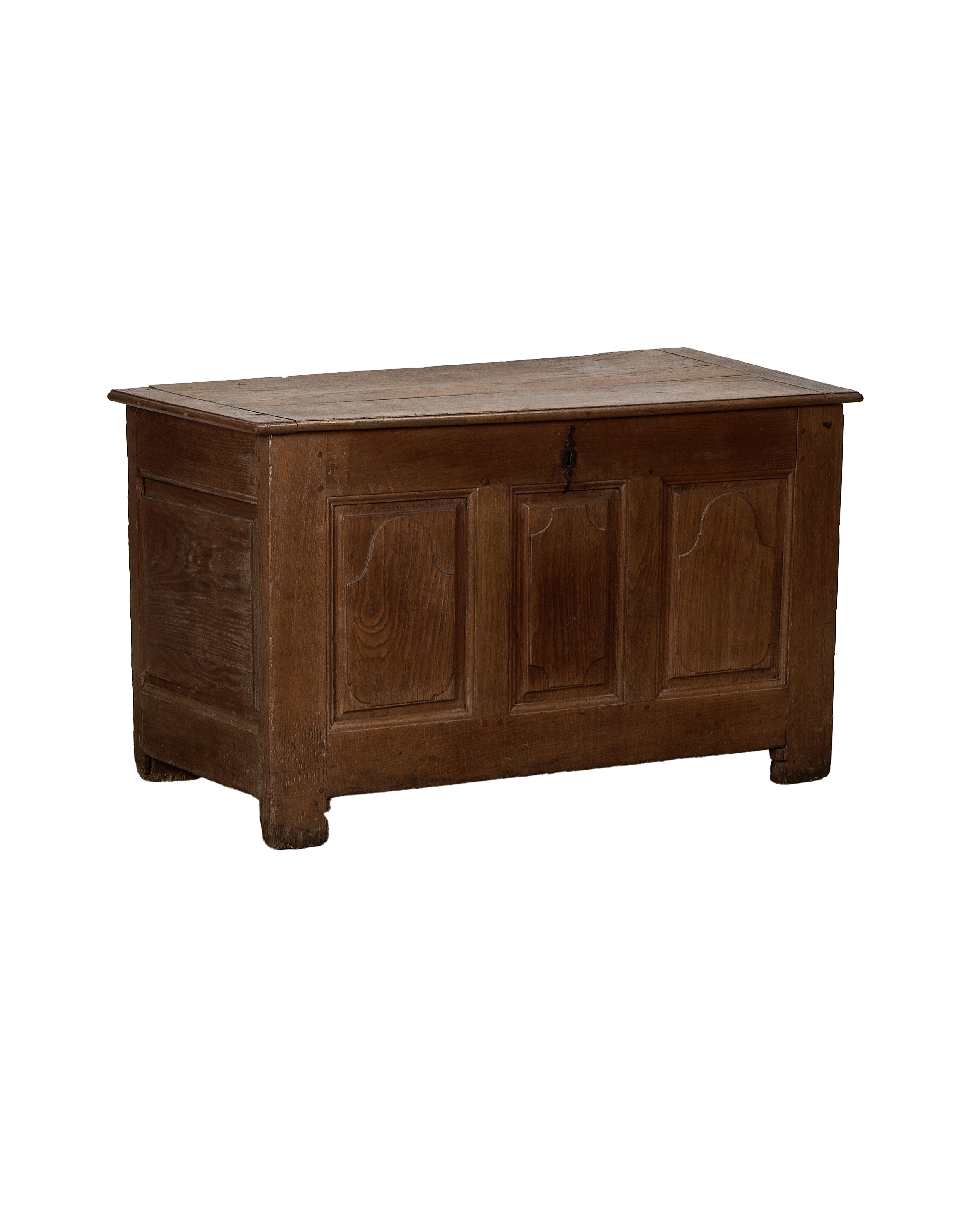 Vintage French oak blanket chest, front view highlighting paneled facade and antique metal latch.