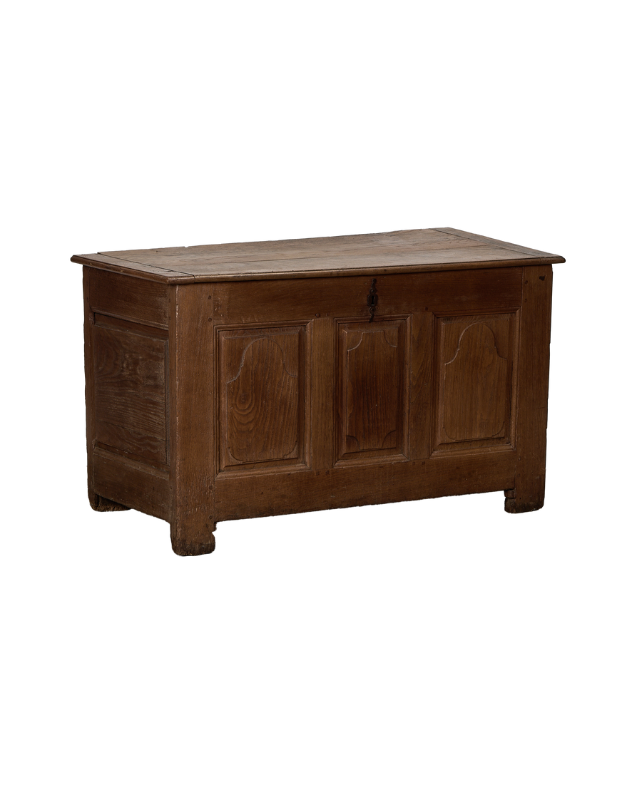 Vintage French oak blanket chest, front view highlighting paneled facade and antique metal latch.