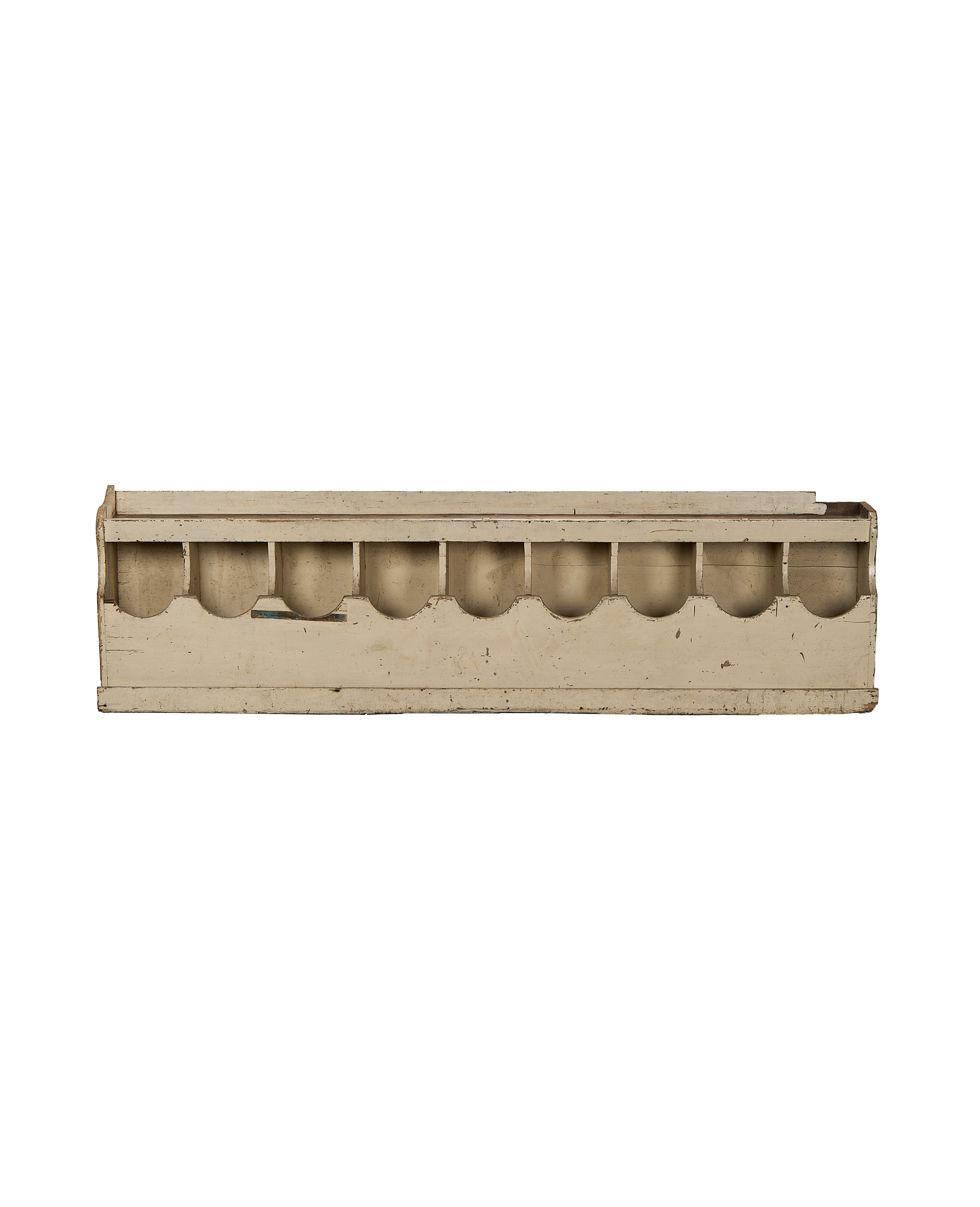 Vintage French farmhouse oak grain bin with distressed cream paint, 10 compartments.