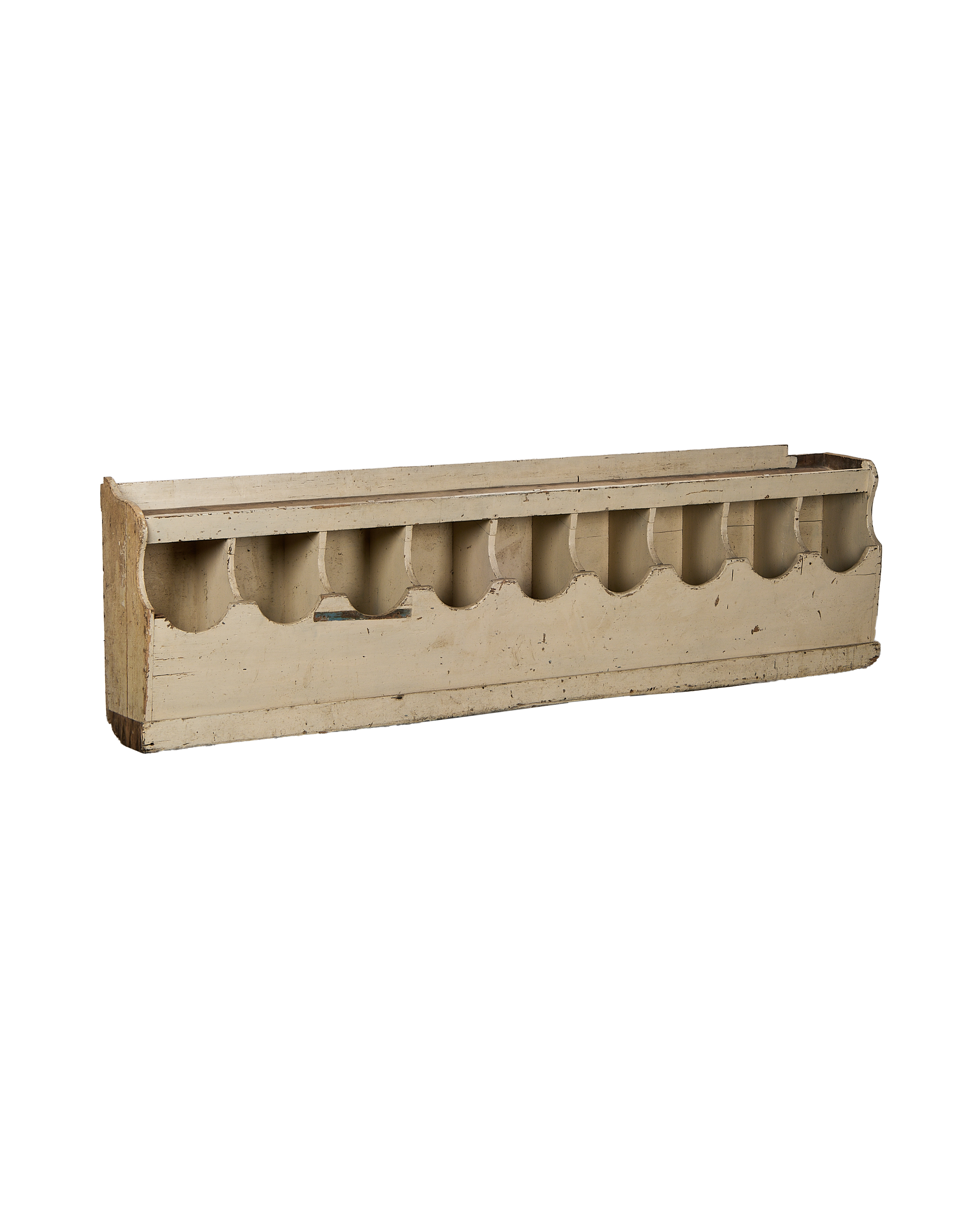 Vintage French farmhouse oak grain bin from an angle, showing rustic painted finish.