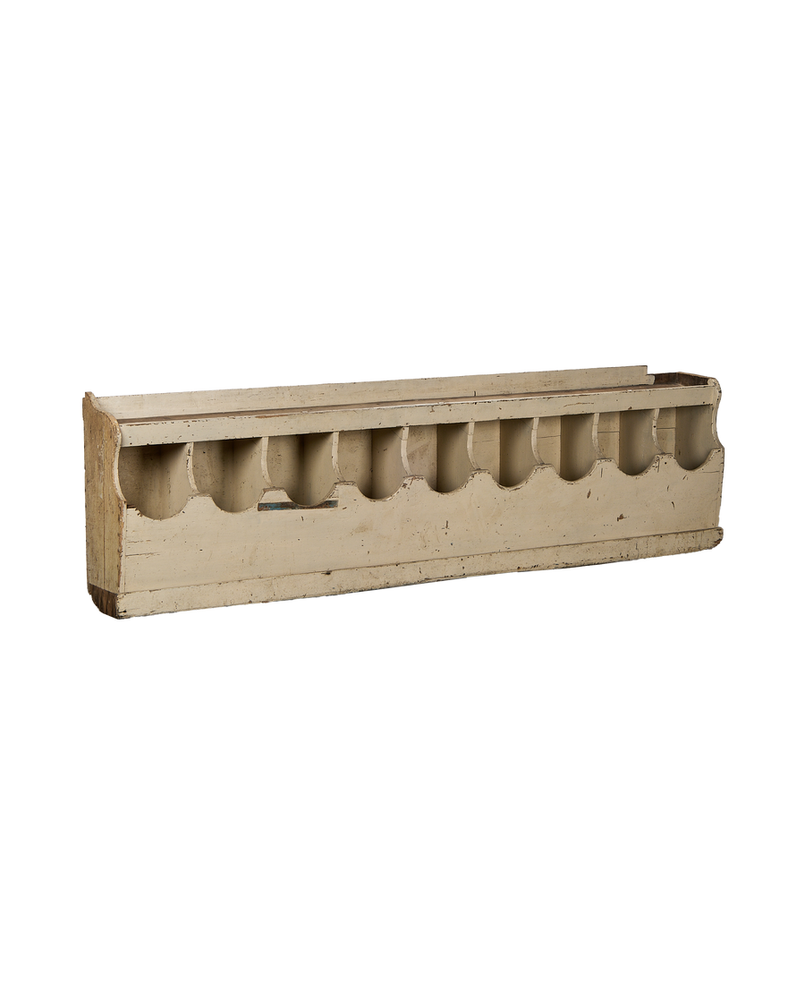 Vintage French farmhouse oak grain bin from an angle, showing rustic painted finish.