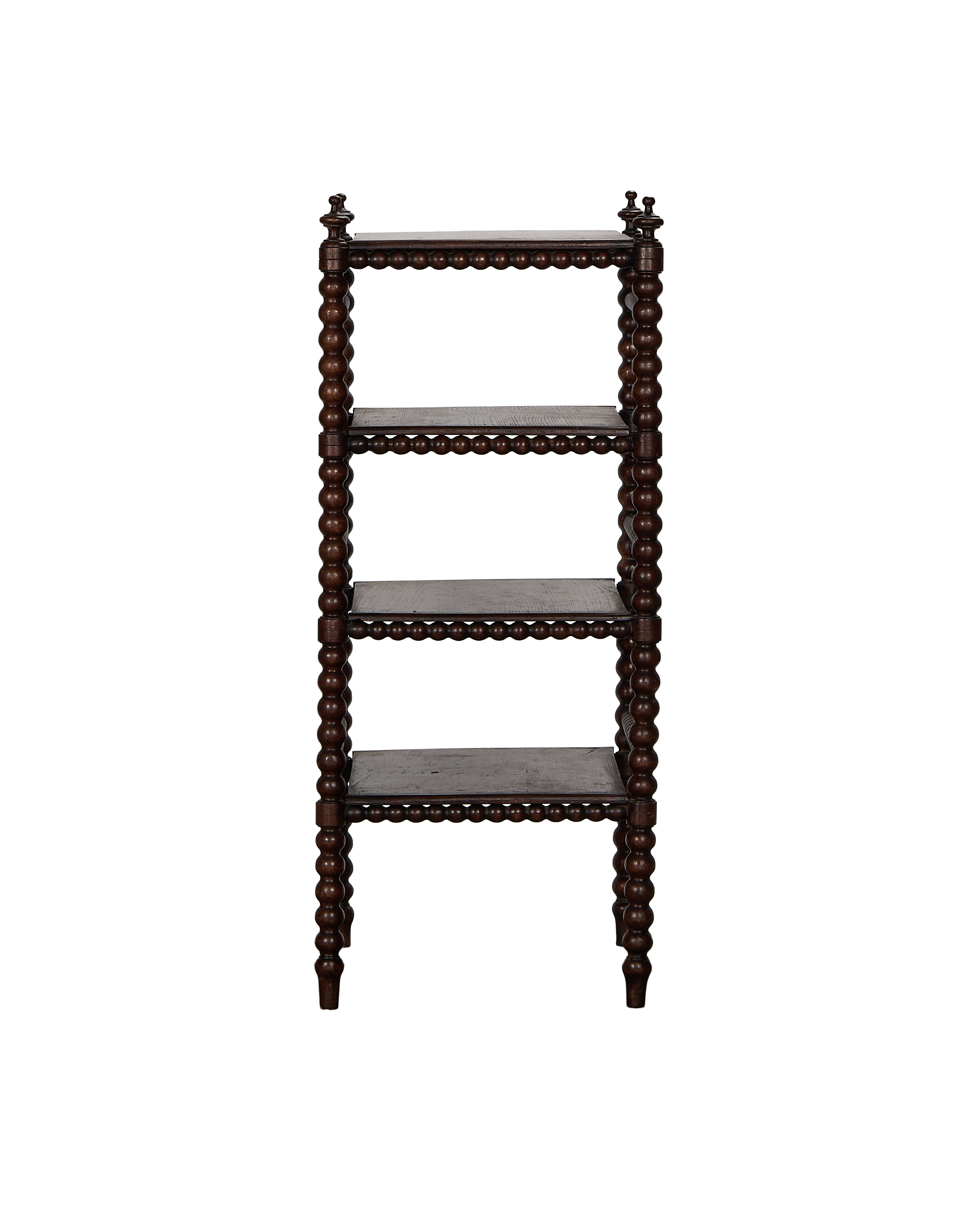 Vintage French bobbin oak shelf, 4 tiers, showing beautiful wood grain and bobbin details.