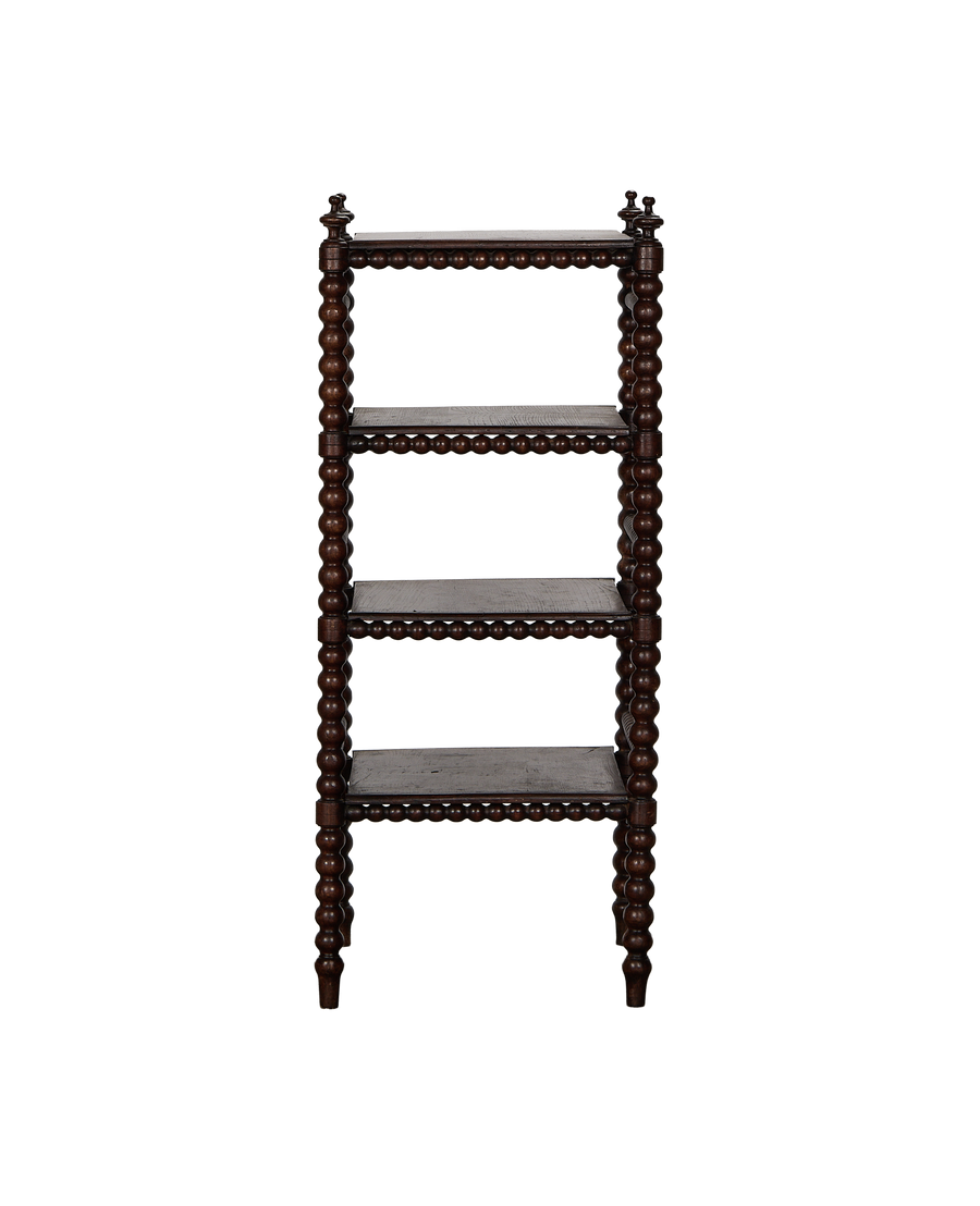 Vintage French bobbin oak shelf, 4 tiers, showing beautiful wood grain and bobbin details.