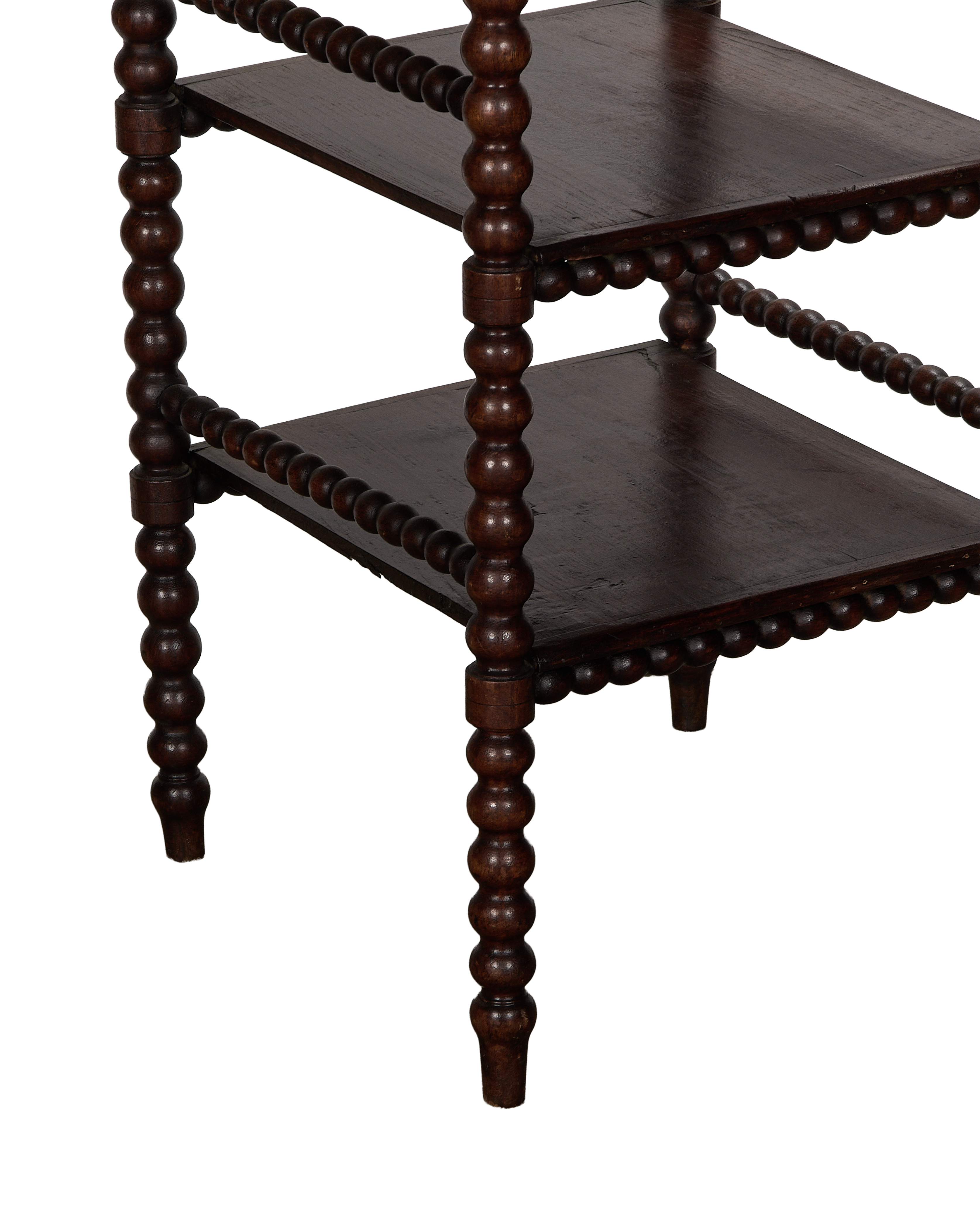 Vintage French oak bobbin shelf, closer view of the dark wood and detailed spindle legs.