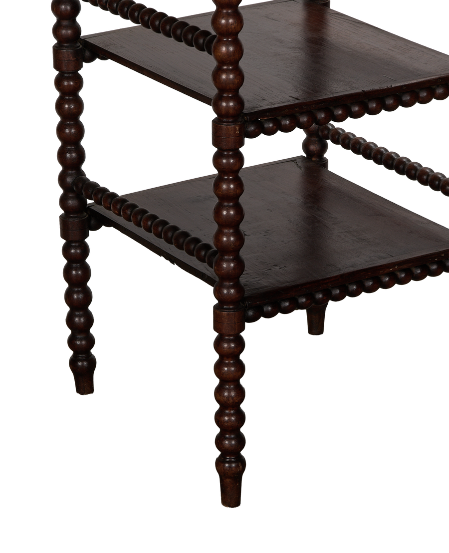 Vintage French oak bobbin shelf, closer view of the dark wood and detailed spindle legs.