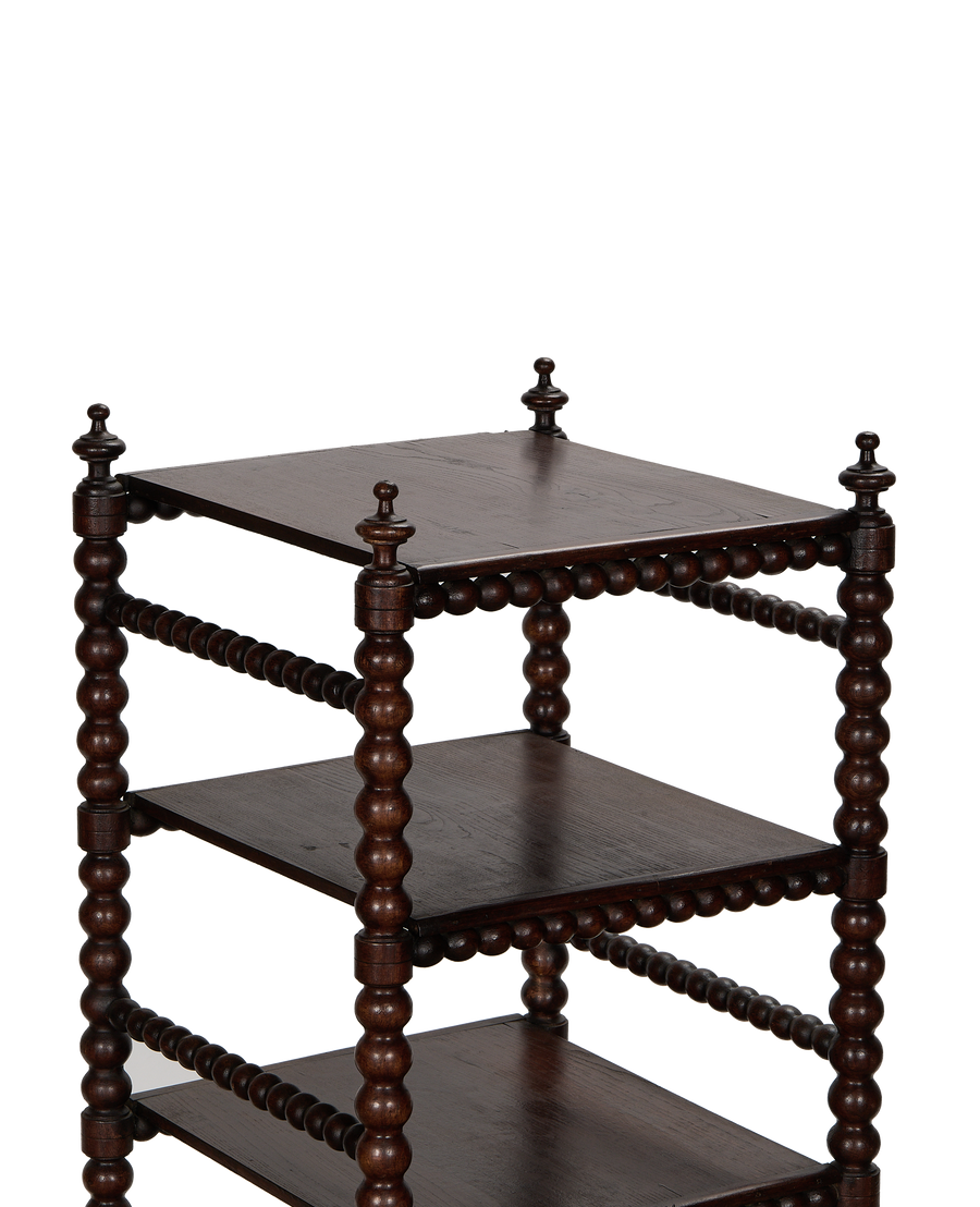 Vintage French bobbin oak 4-tier shelf, displaying tiered dark wood shelves and turned legs.
