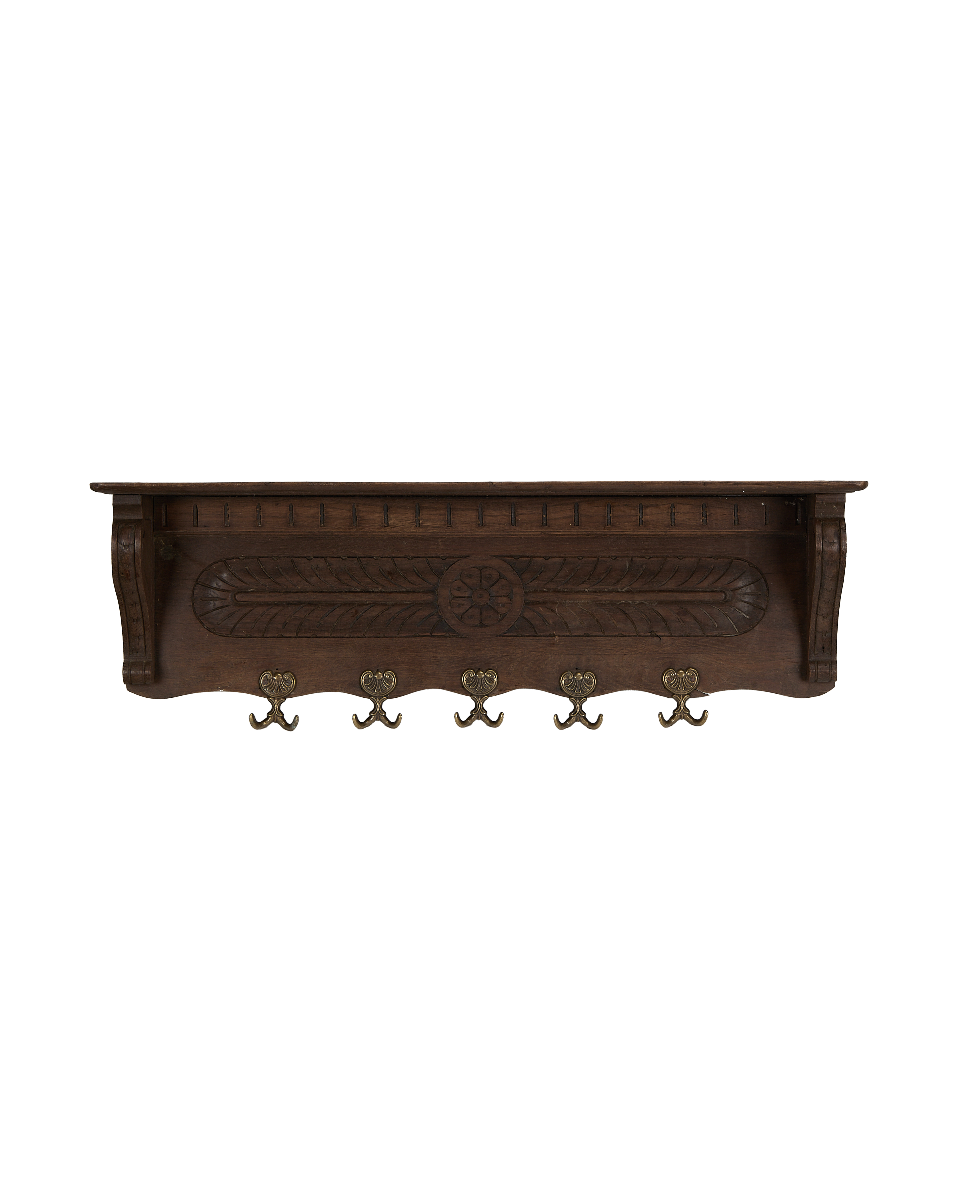 Vintage French oak hanging shelf with intricate floral carvings and five brass hooks.