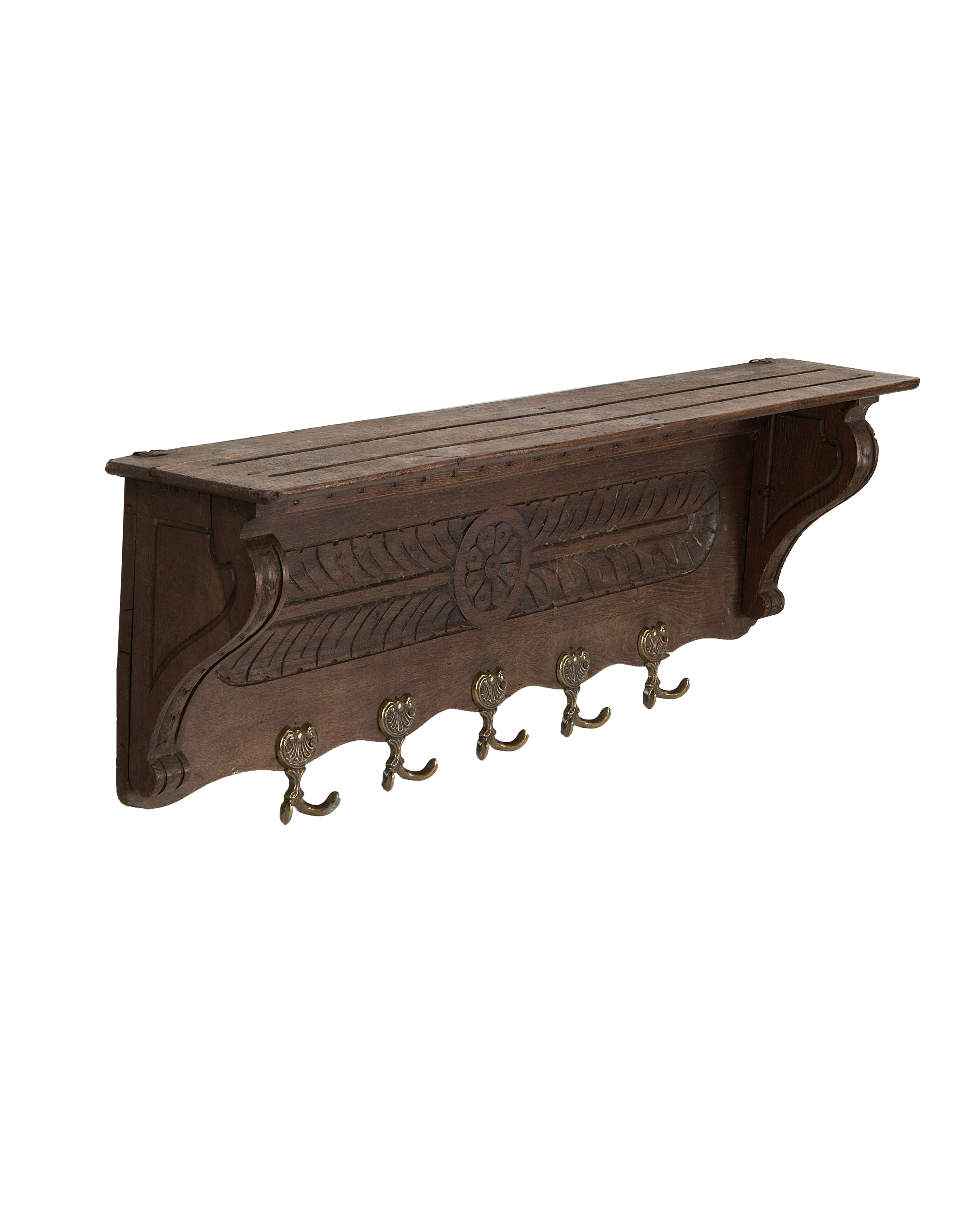 Vintage French Oak hanging shelf, showing carved panels, distressed wood top, and ornate brass hooks.
