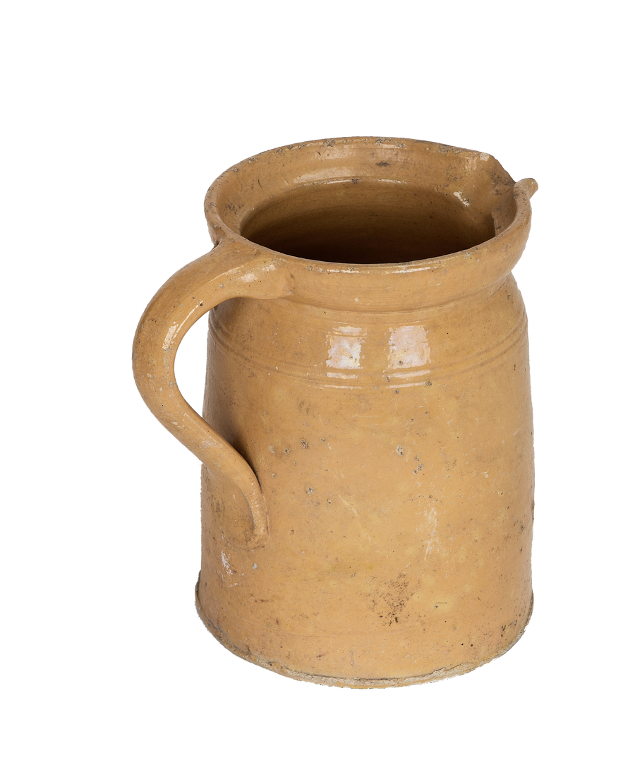 Vintage French mustard Alsace glazed pitcher, top-down view showing interior and spout detail.