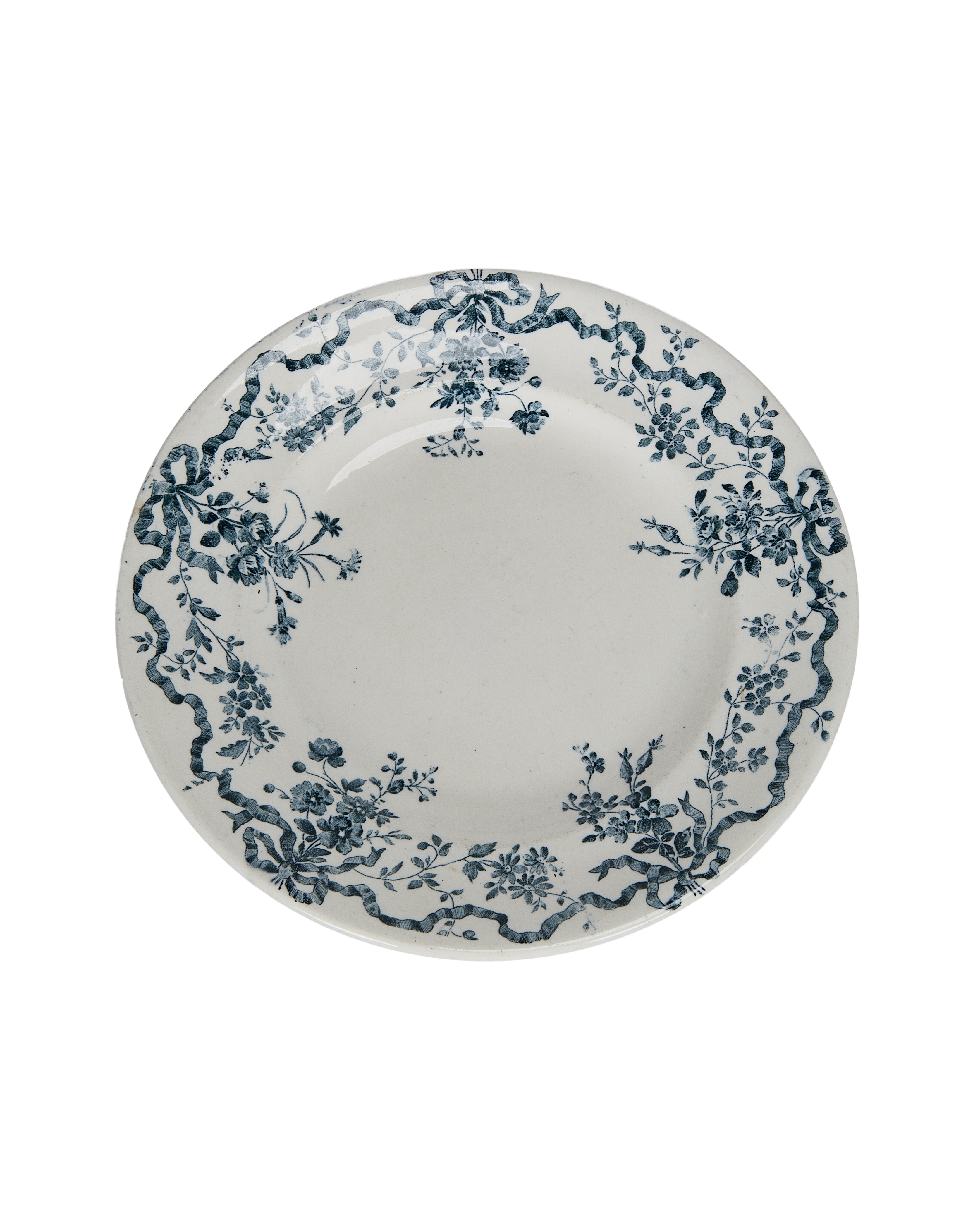Vintage French porcelain plate, white with dark blue floral and ribbon wreath decor.
