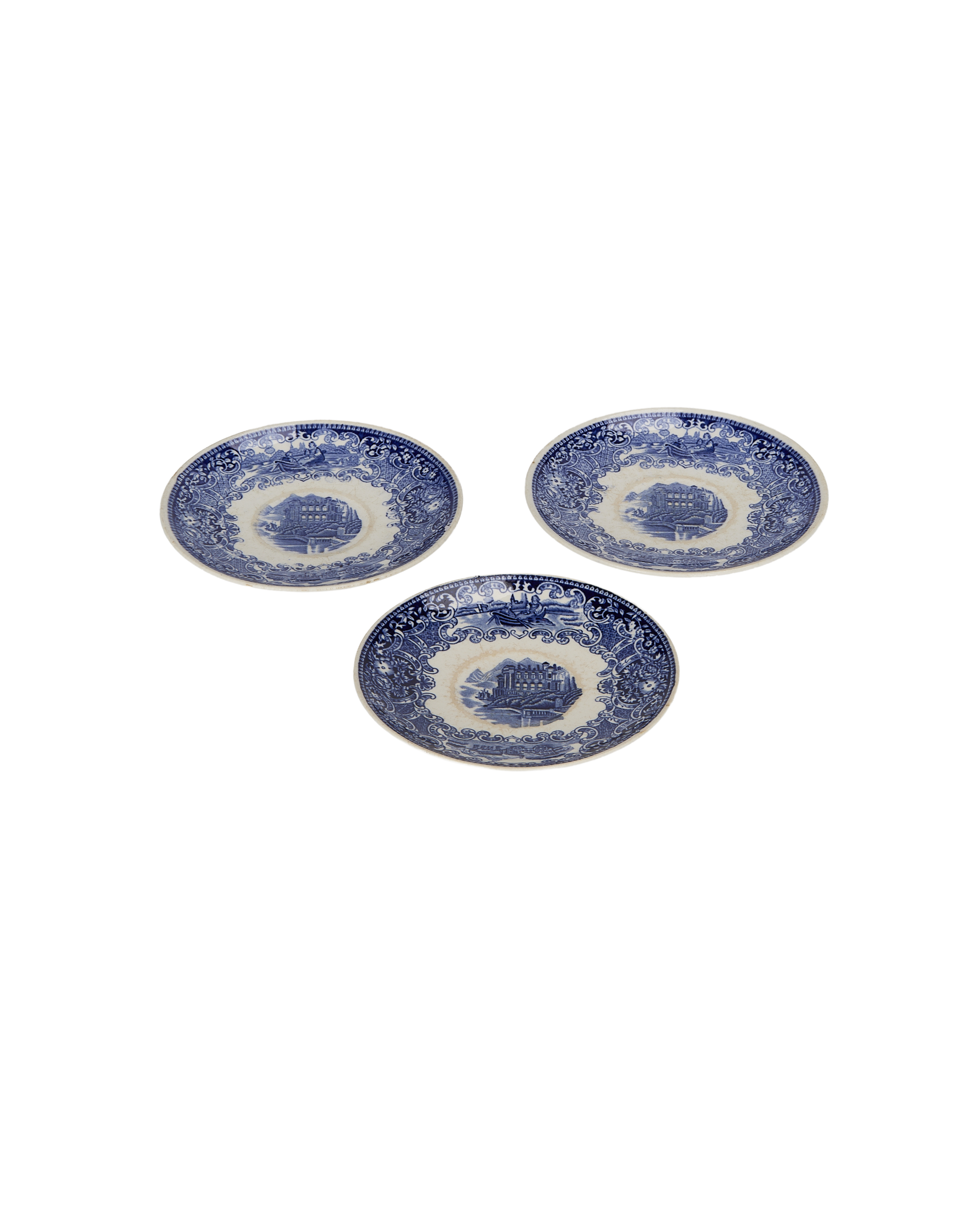Three vintage French Bleu Motif plates from France with detailed classic scenery.