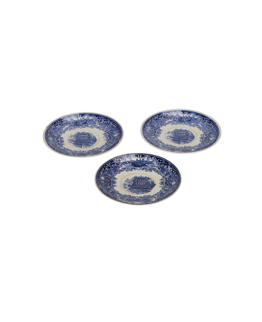 Three vintage French Bleu Motif plates from France with detailed classic scenery.