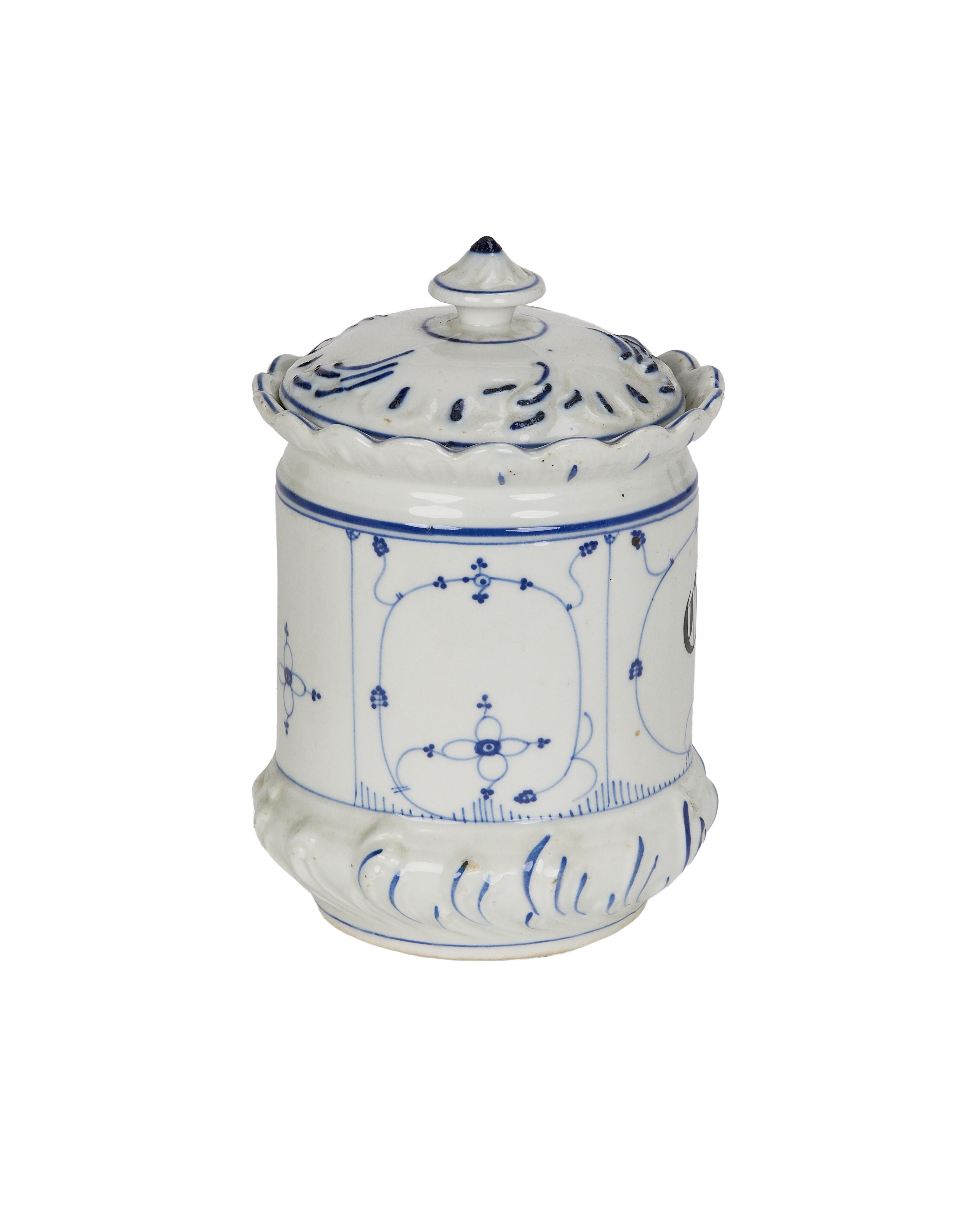 Vintage spice jar, white porcelain with blue floral design, ornate lid, 