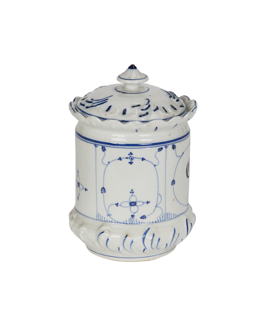 Vintage spice jar, white porcelain with blue floral design, ornate lid, 