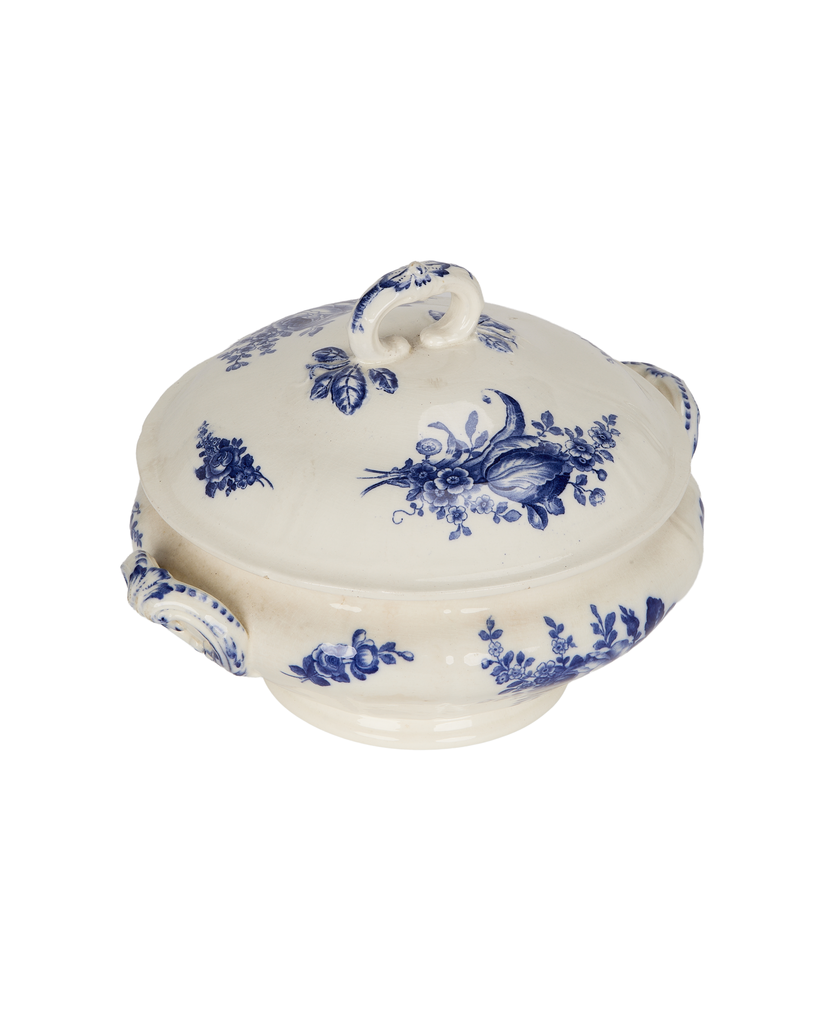 Vintage French OAK blue rose soup tureen, front view, excellent condition.