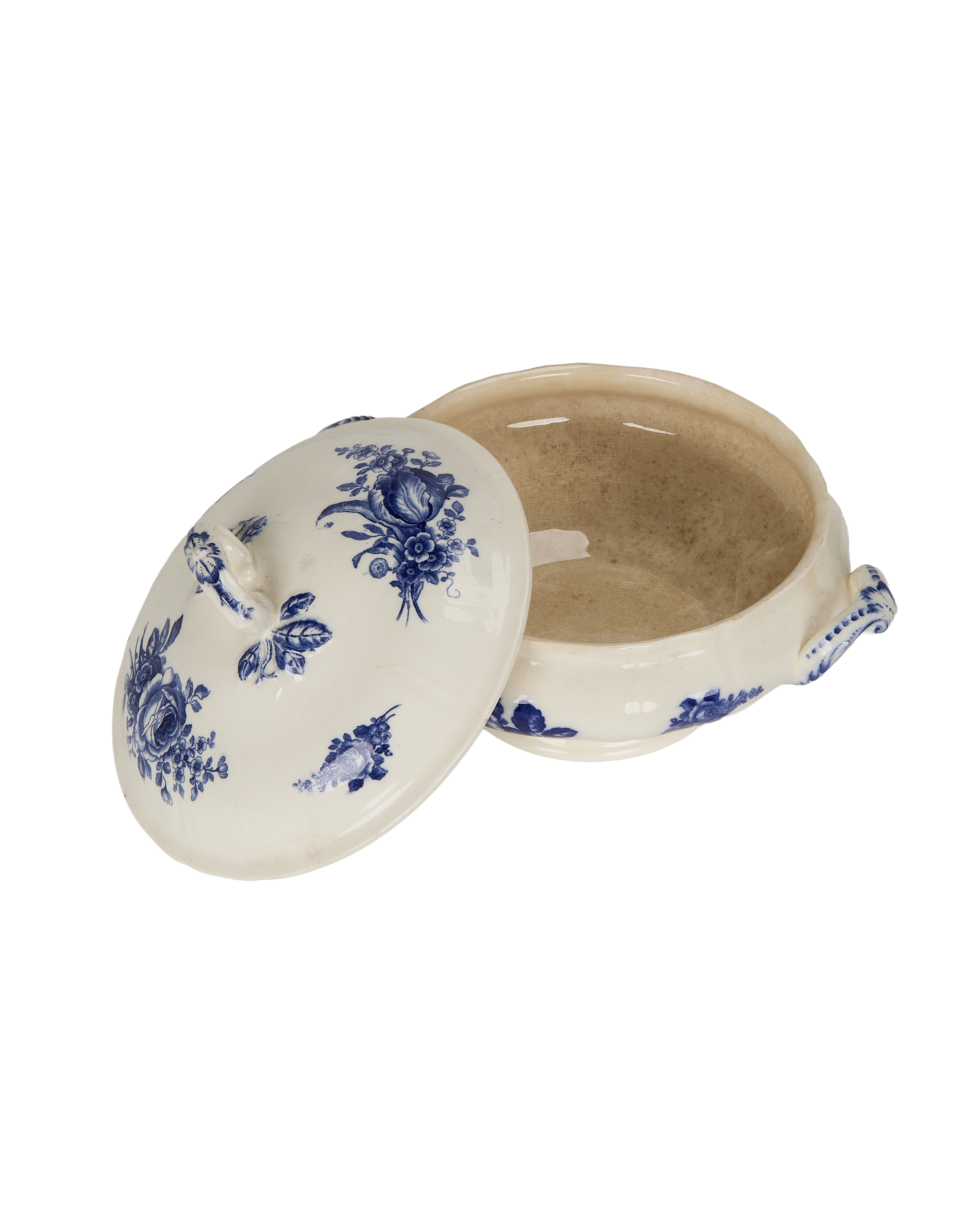 Vintage French OAK blue rose porcelain soup tureen with lid ajar, showing interior cracking.