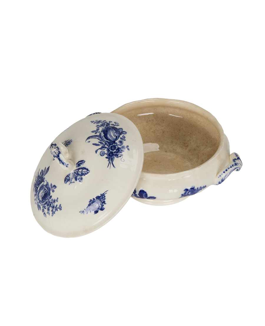 Vintage French OAK blue rose porcelain soup tureen with lid ajar, showing interior cracking.