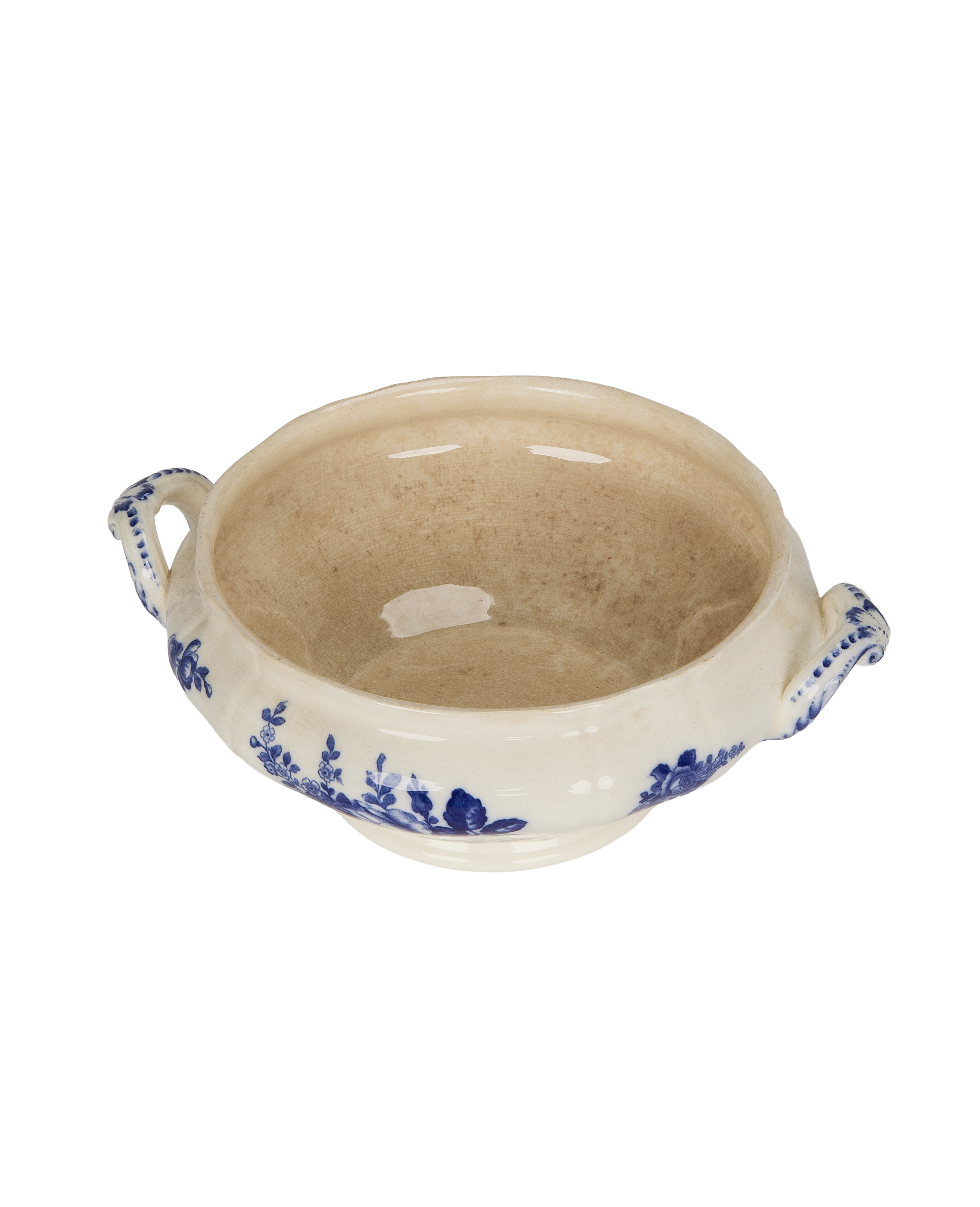 Vintage French ceramic blue rose soup tureen from OAK, close-up interior view.