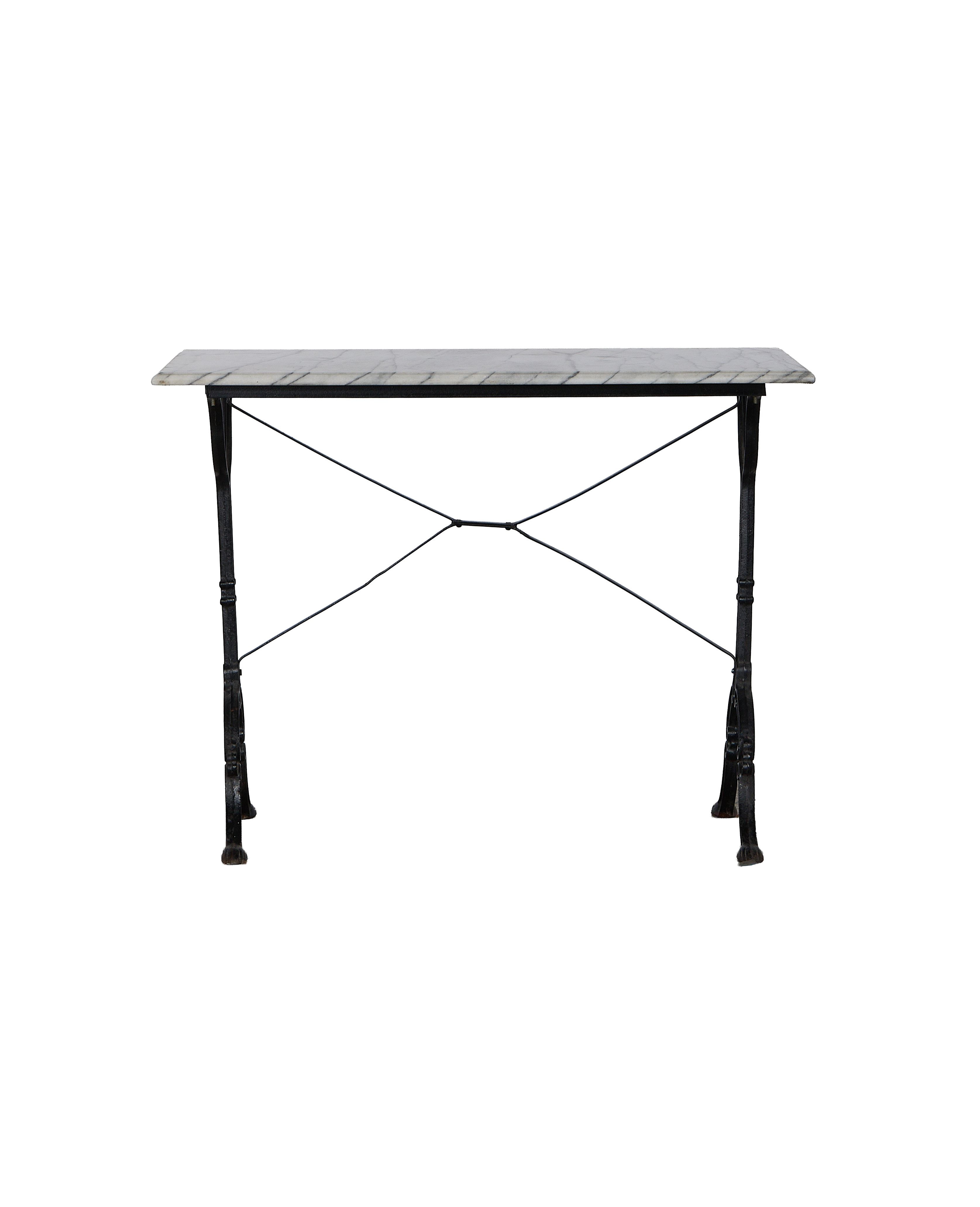 Vintage French marble bistro table featuring a weathered black iron x-frame base.