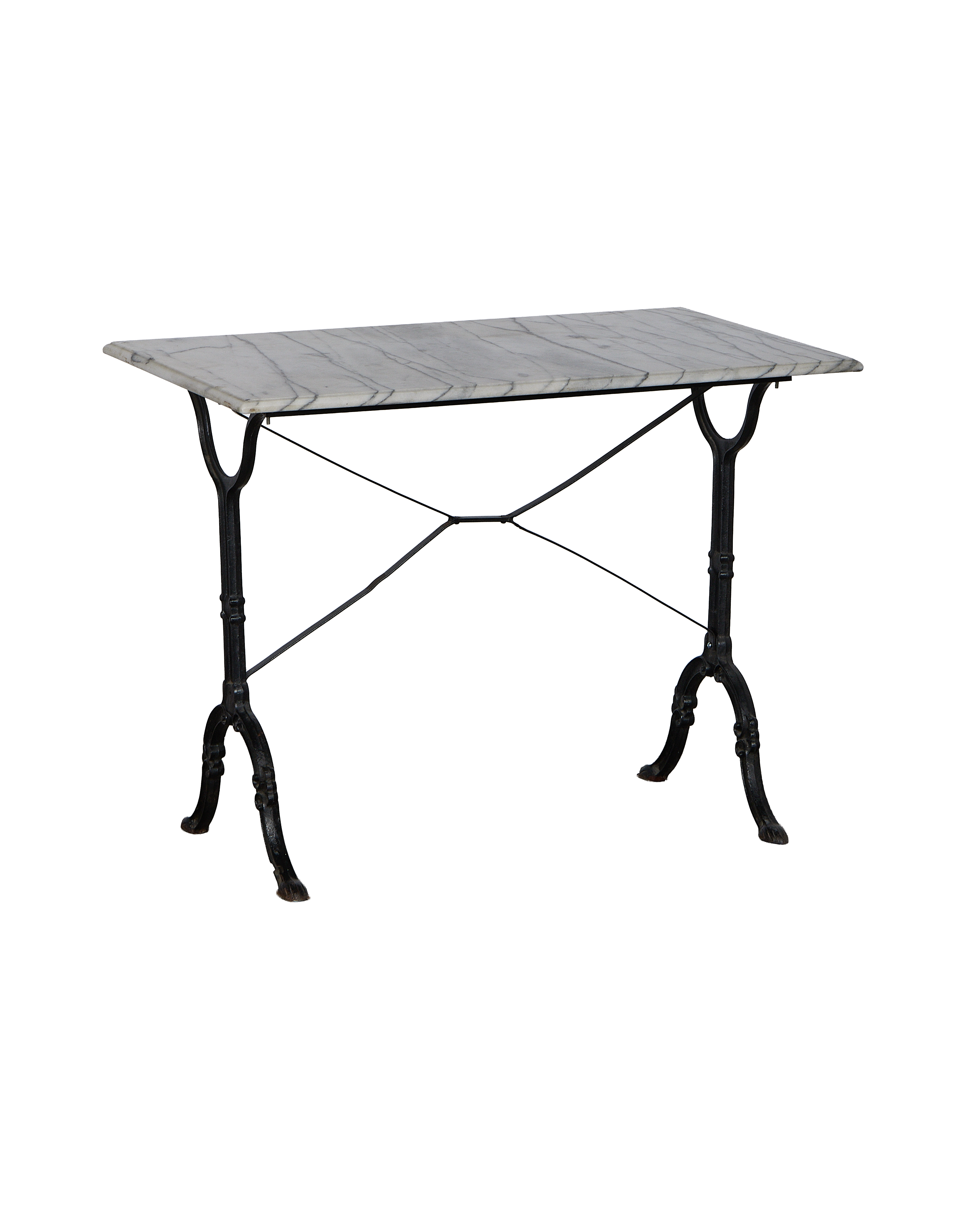 Vintage French marble bistro table with rectangular top and ornate cast iron base.