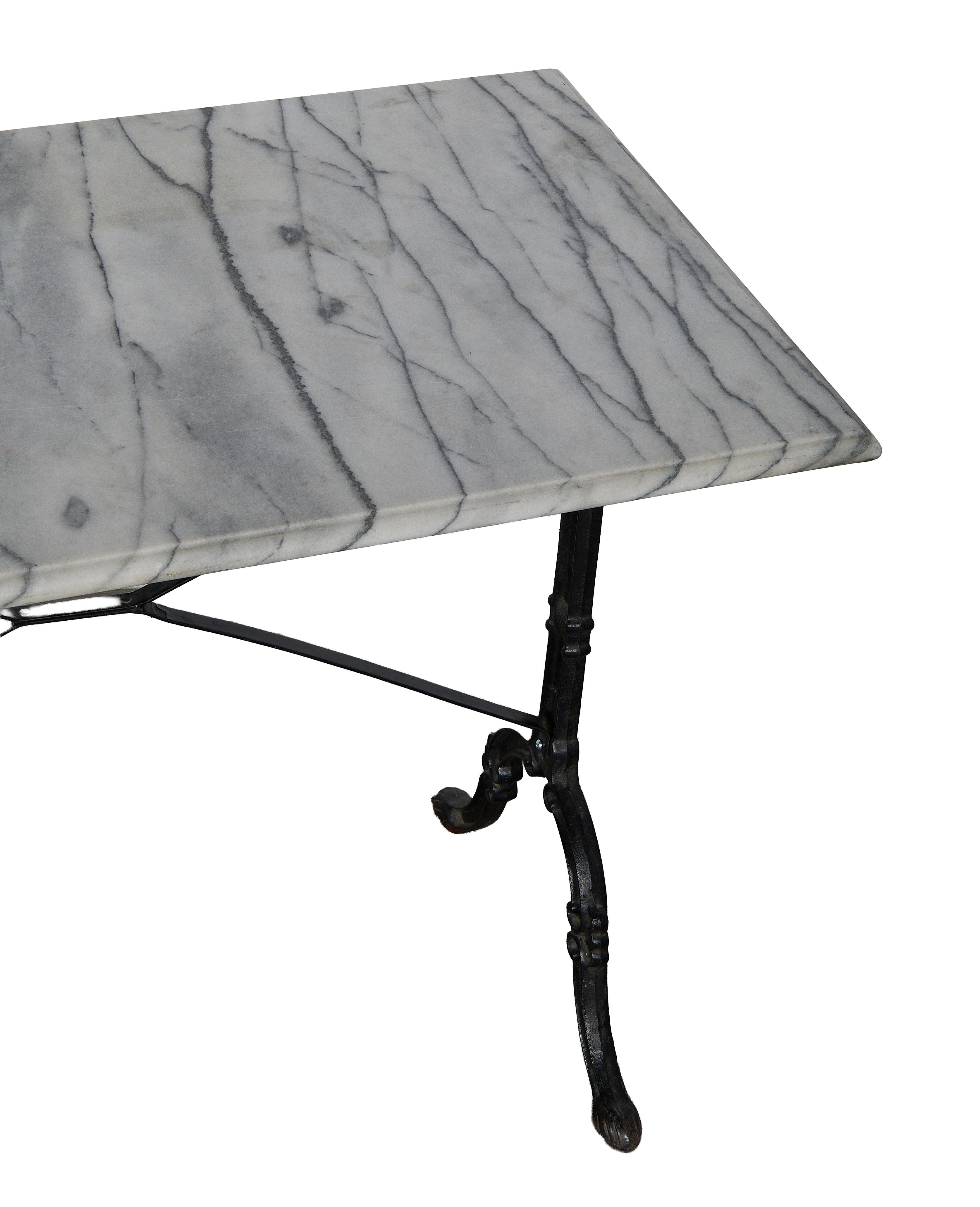 Vintage French marble bistro table, showing detailed black veining on light gray top.