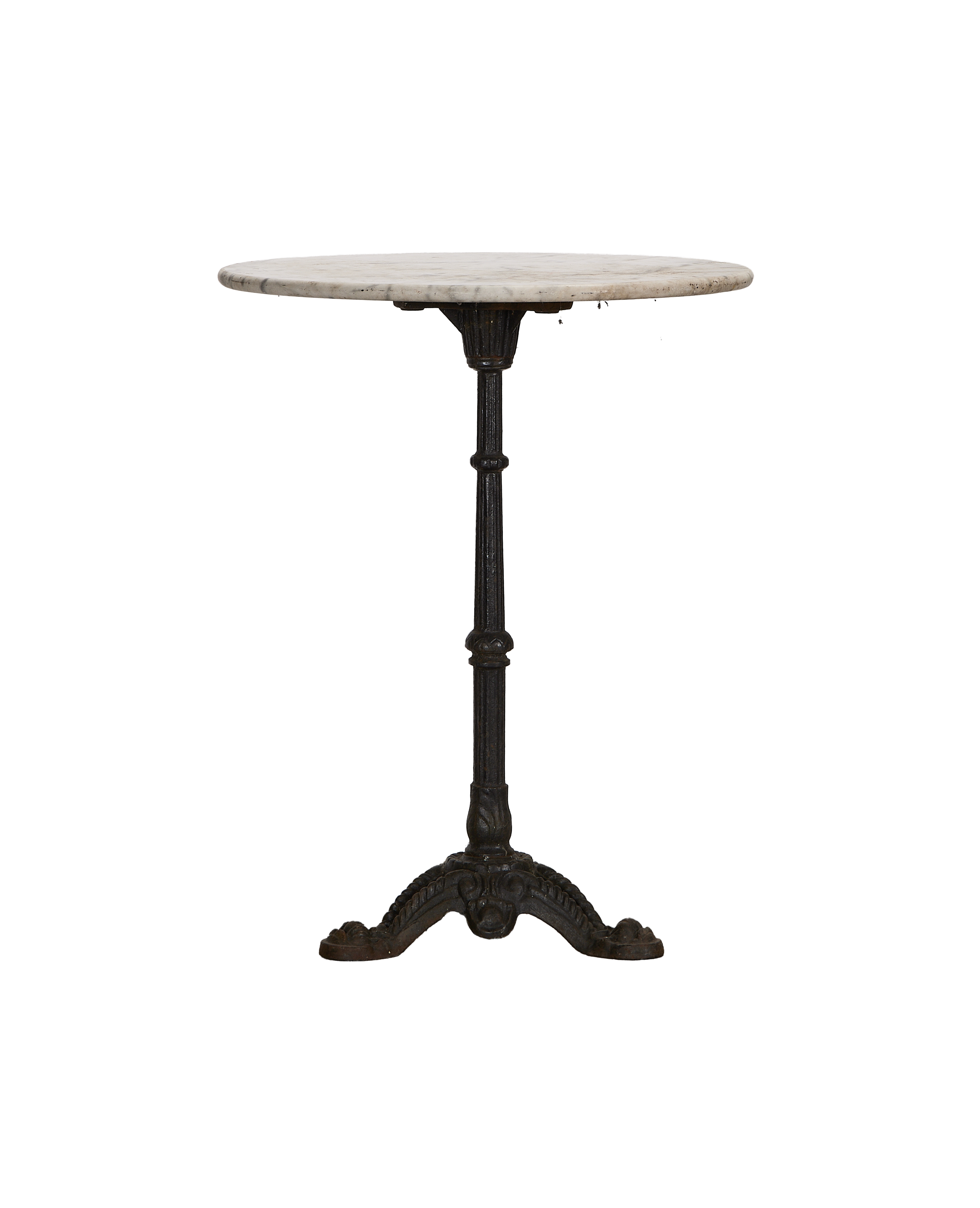Vintage French round marble bistro table, showing detailed dark cast iron base.