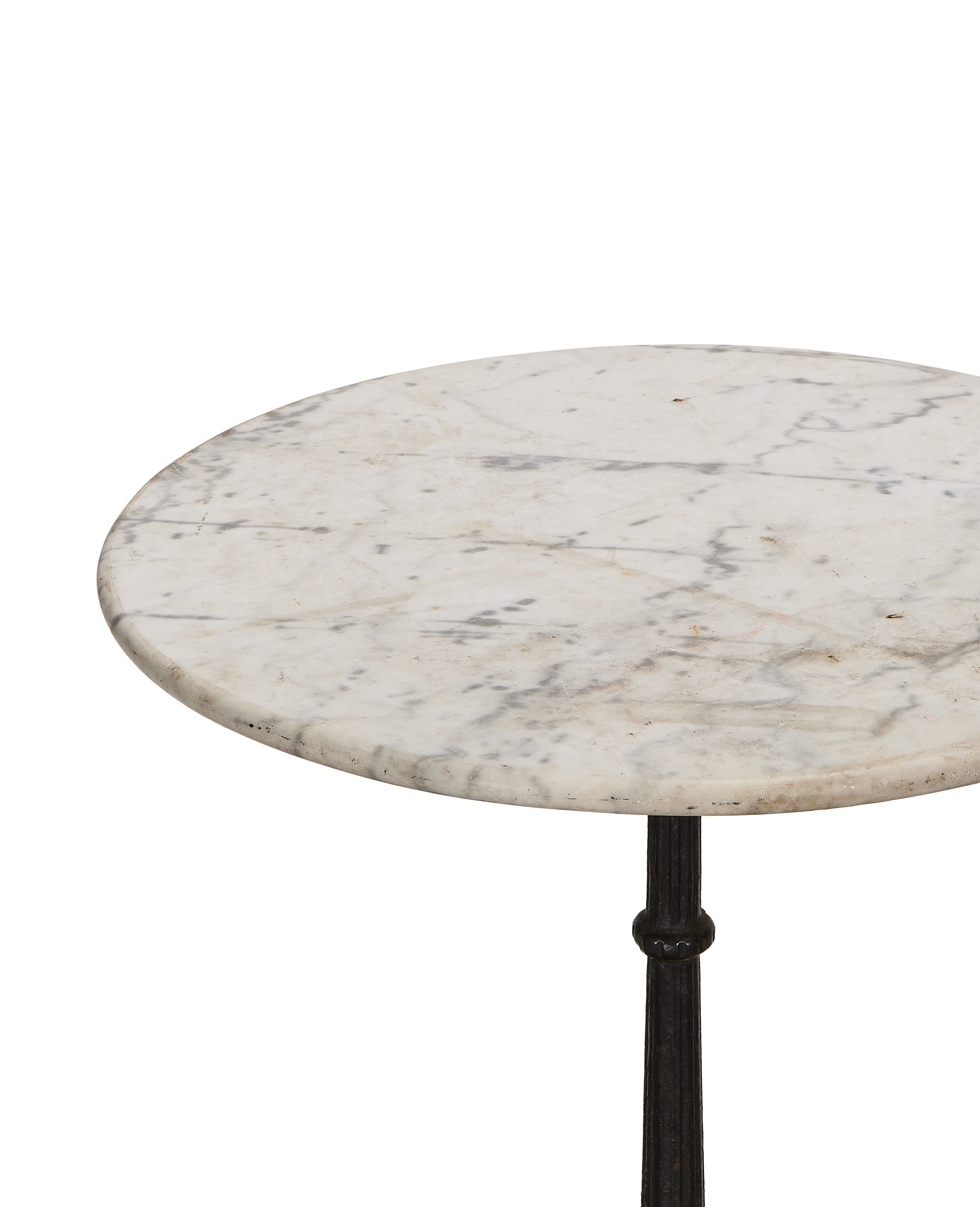 Vintage French marble bistro table, showing detailed veining and weathered patina on tabletop.
