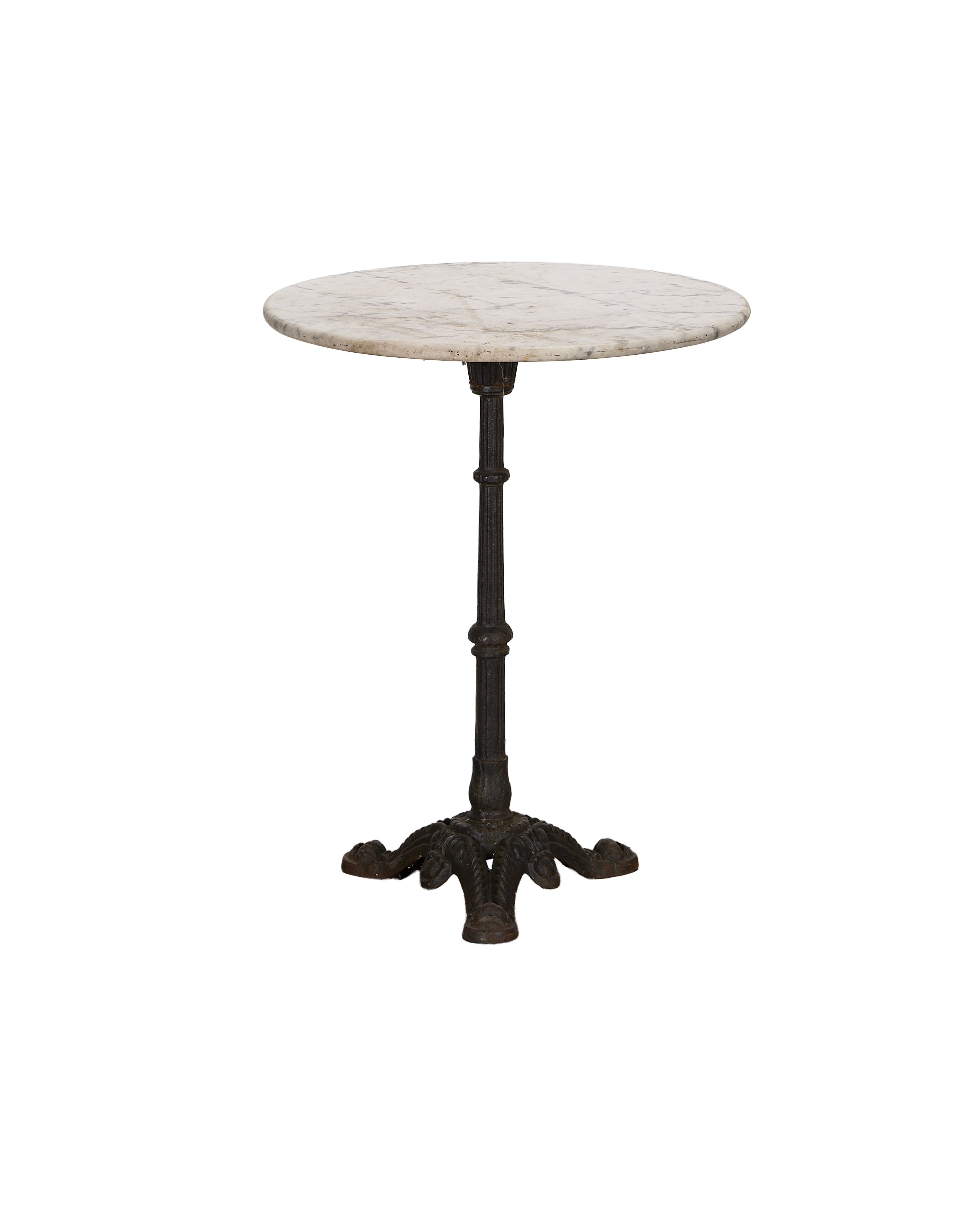 Vintage round marble bistro table from France with ornate cast iron base.