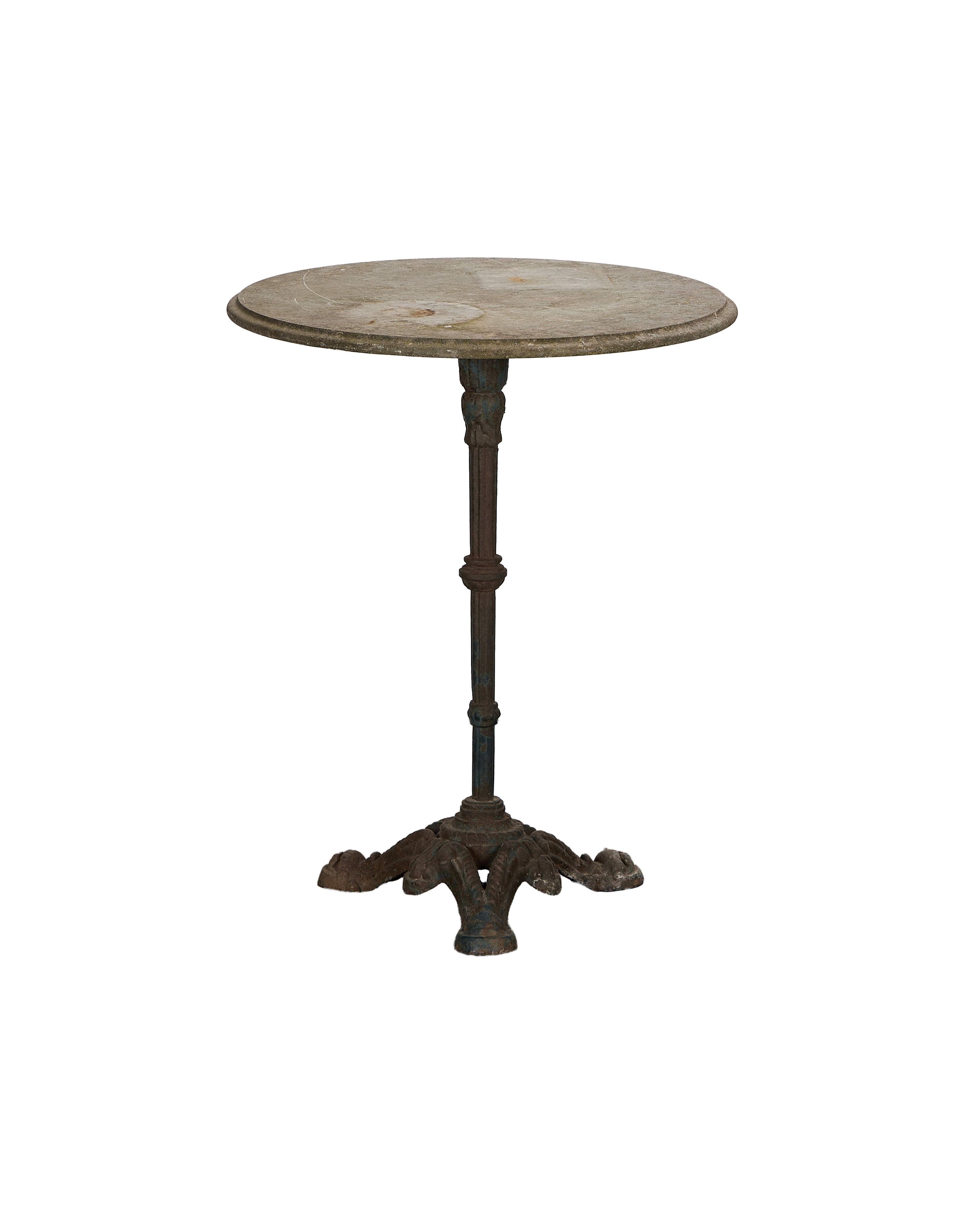 Vintage French bluestone bistro table, round oak top, and distressed cast iron base.