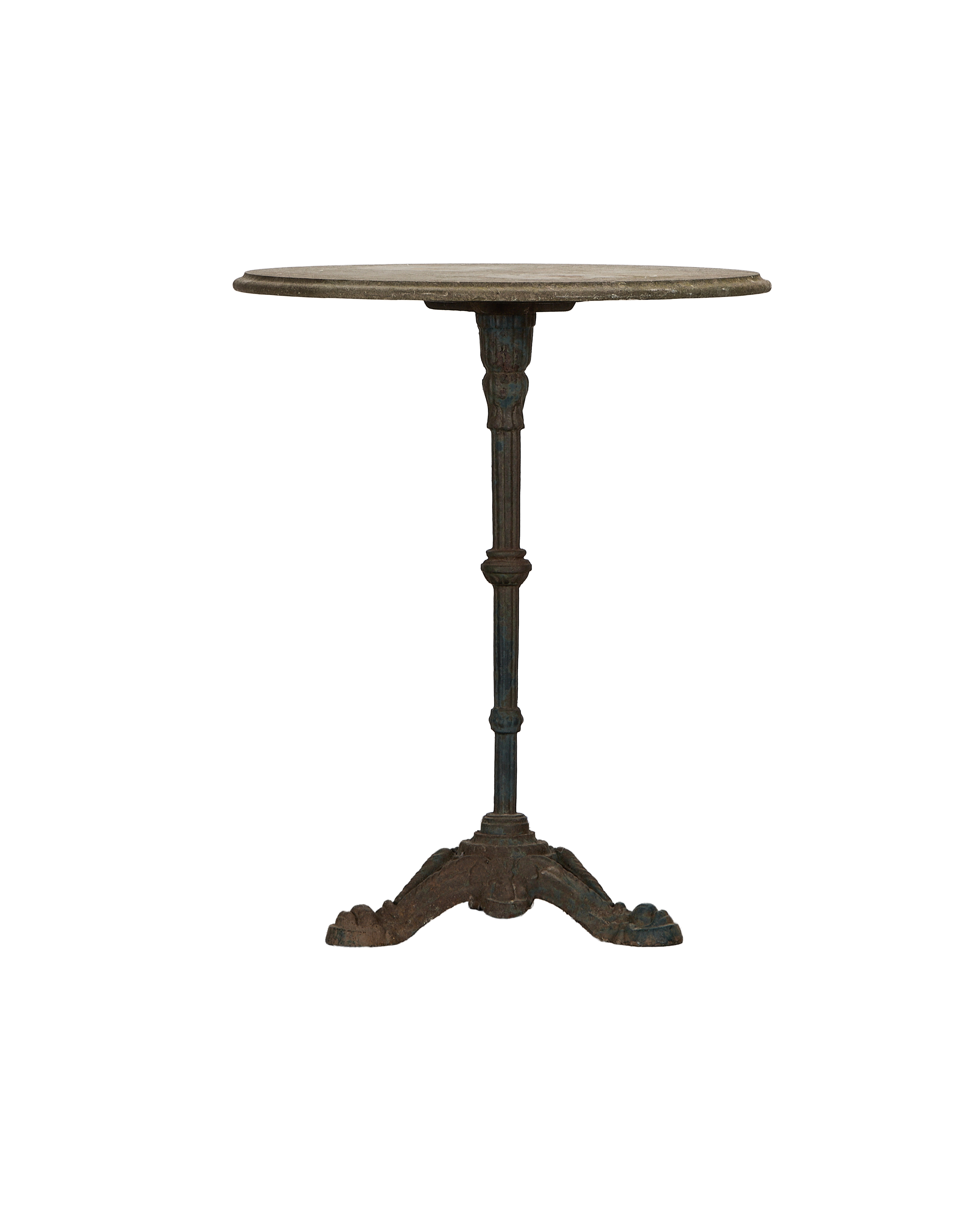 Vintage French bluestone bistro table, round oak top, and distressed cast iron base.