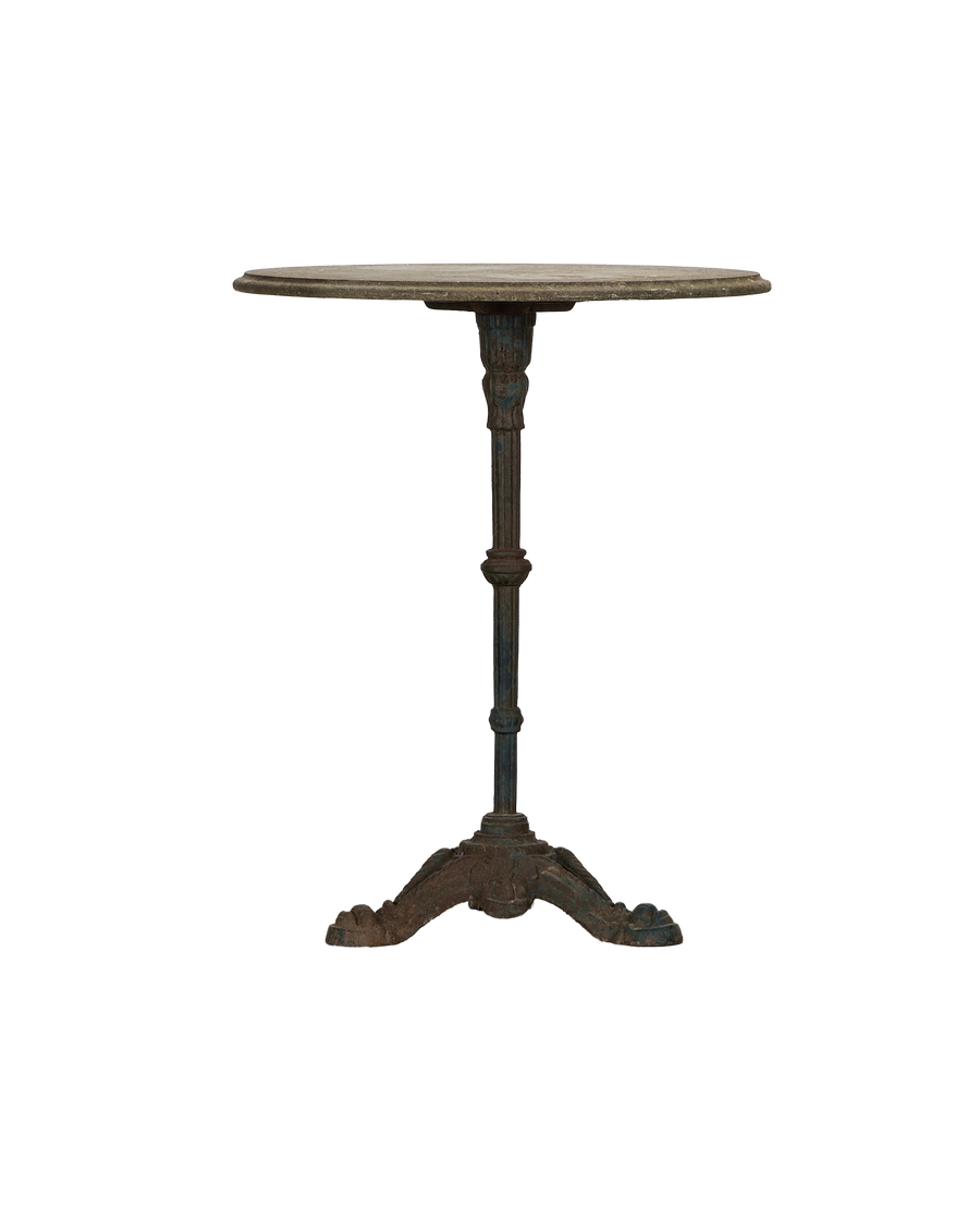 Vintage French bluestone bistro table, round oak top, and distressed cast iron base.