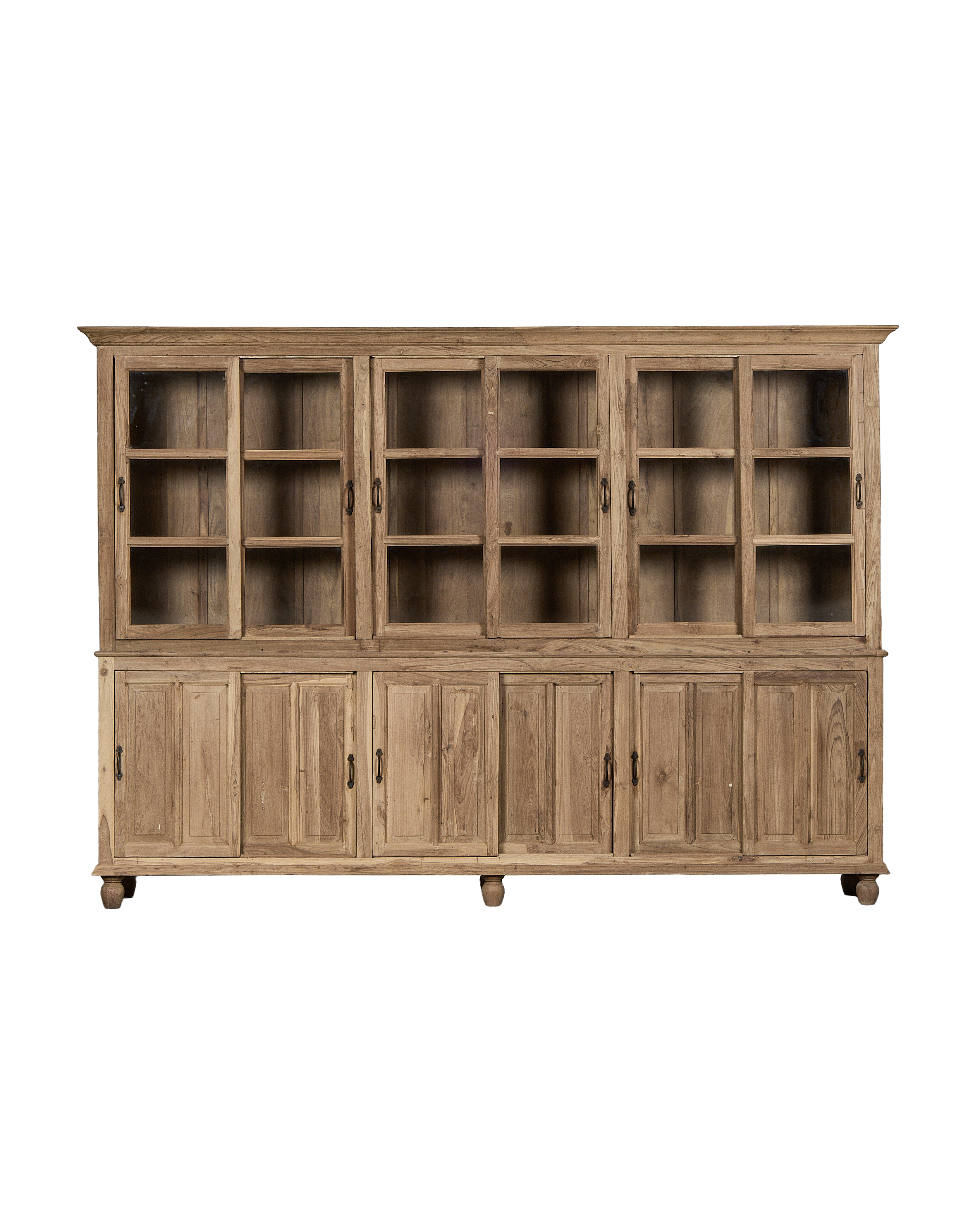 Vintage Indian natural oak wood cabinet: six glass-fronted doors over six paneled doors.