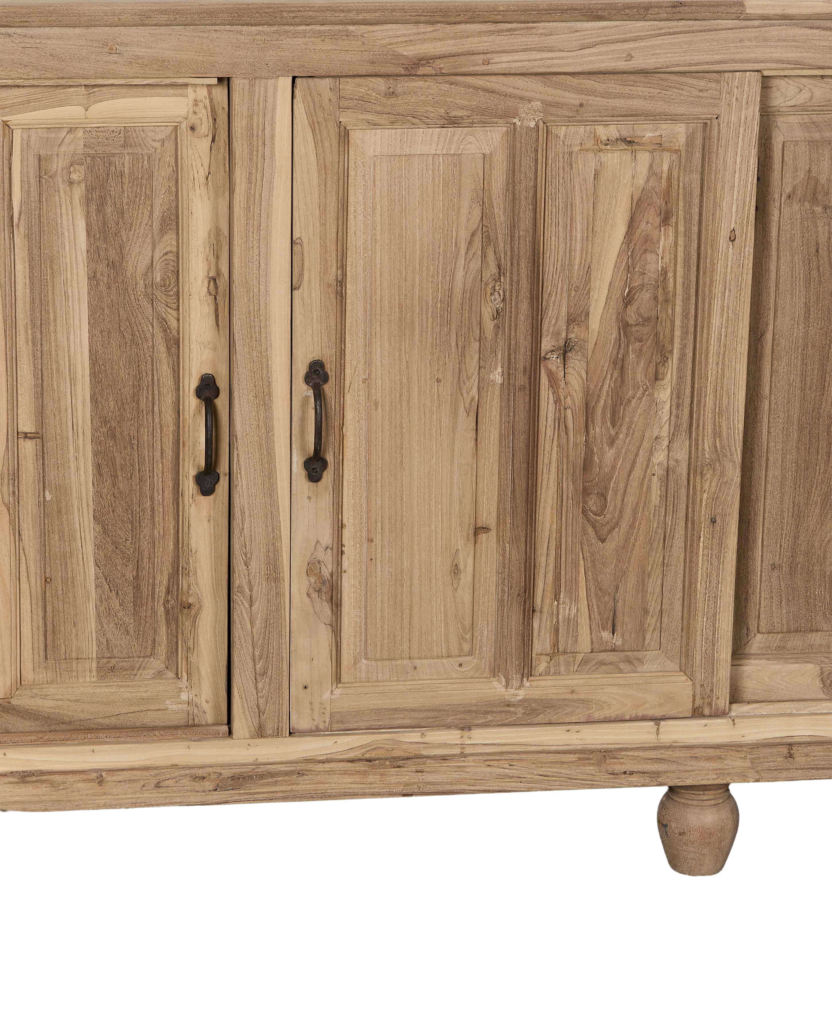 Vintage Indian oak cabinet featuring natural wood grain, panel details, and black metal pull handles.