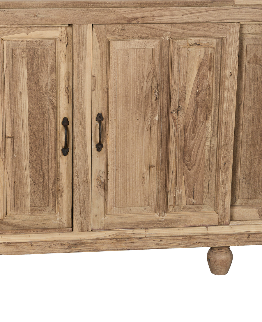 Vintage Indian oak cabinet featuring natural wood grain, panel details, and black metal pull handles.