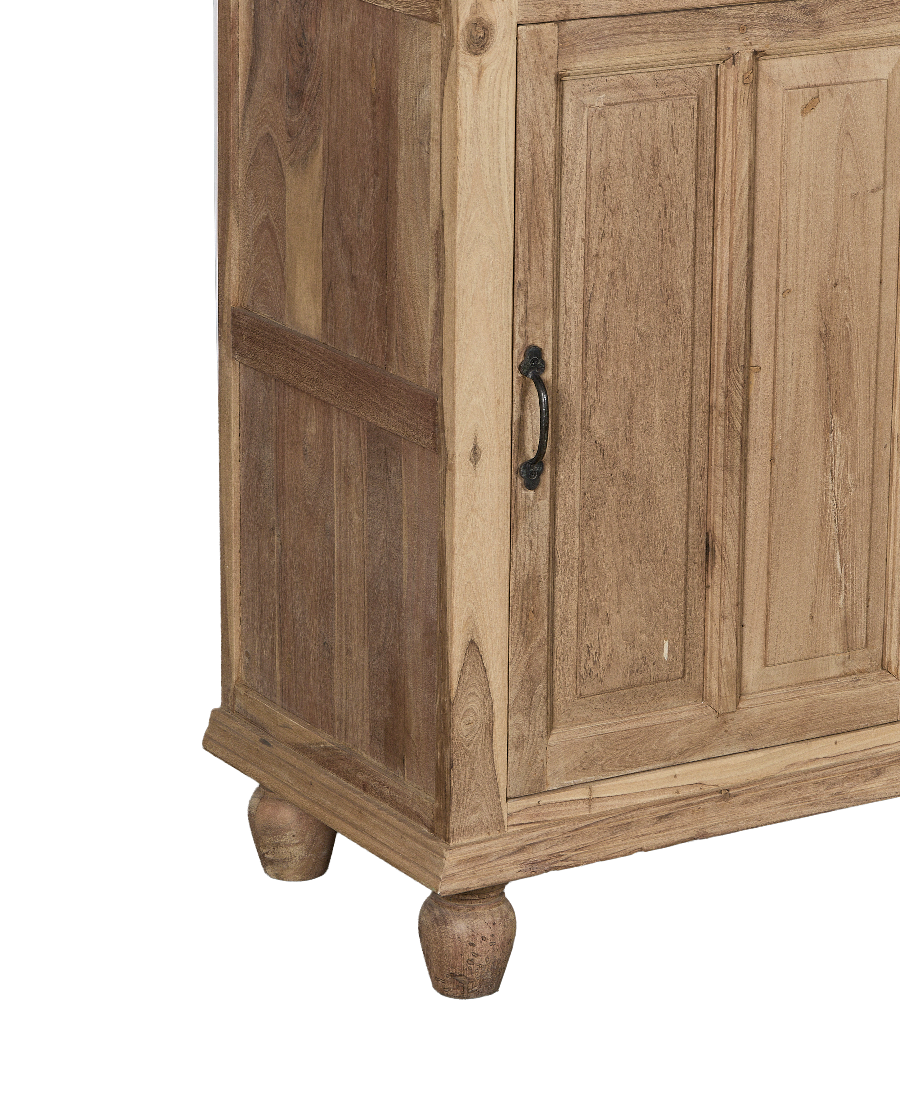 Vintage Indian oak cabinet details: black handle, turned feet, and natural wood texture.