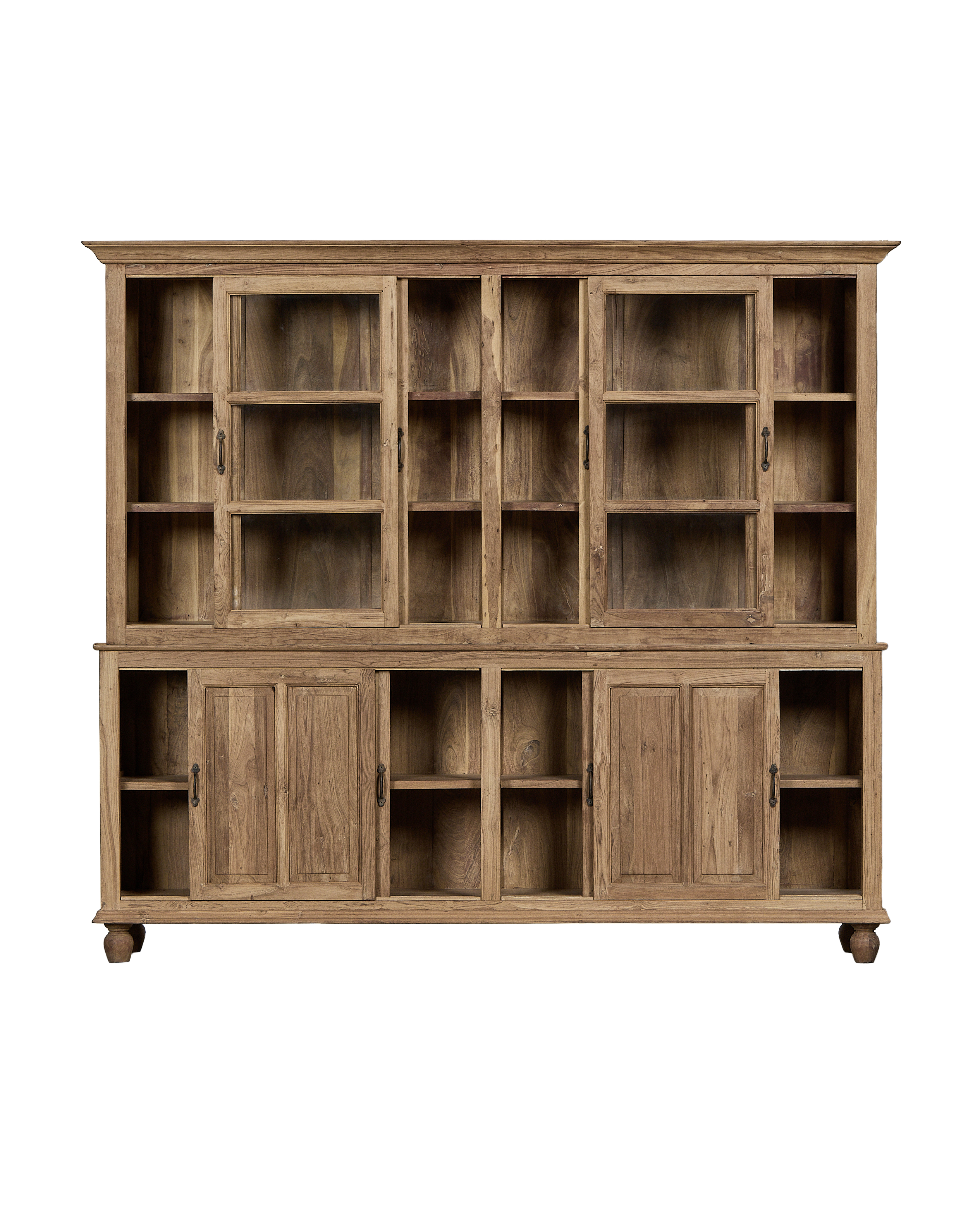 Vintage Indian bleached oak cabinet: close-up, revealing glass doors and internal shelving, full view.