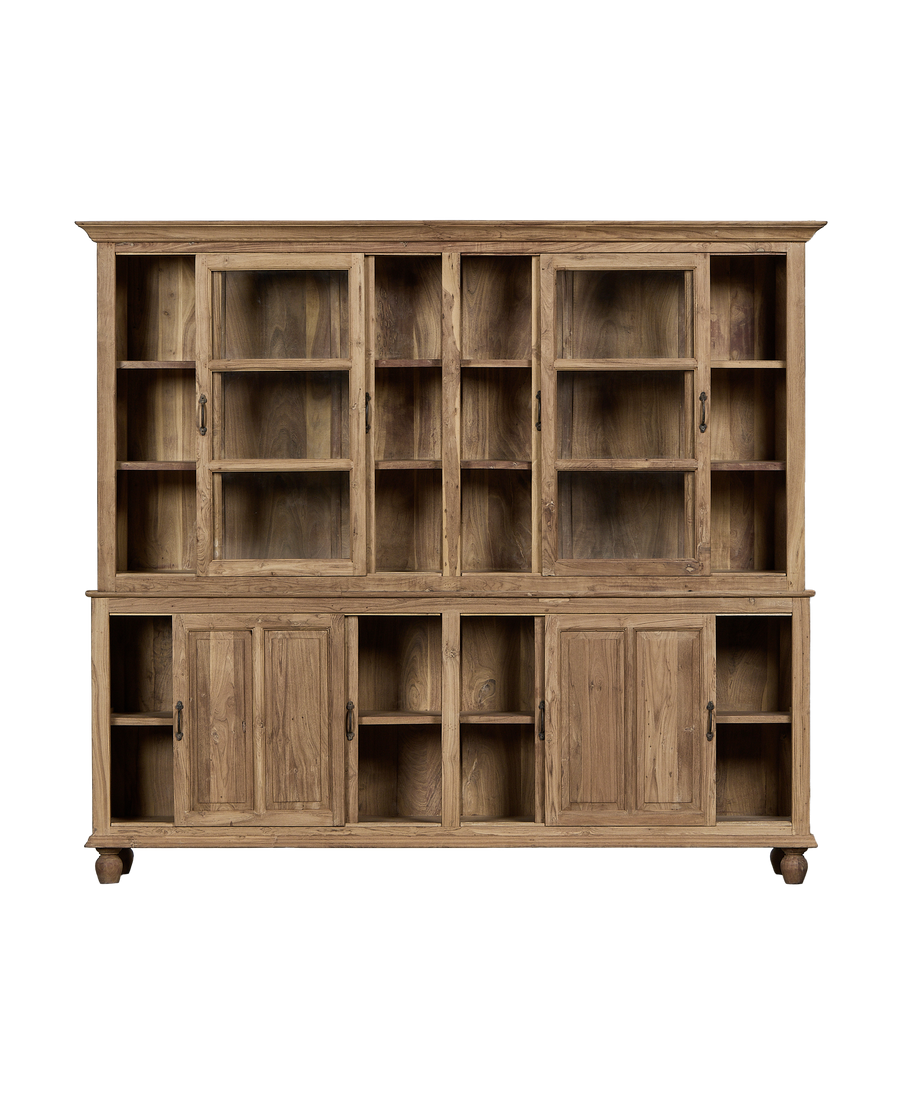 Vintage Indian bleached oak cabinet: close-up, revealing glass doors and internal shelving, full view.