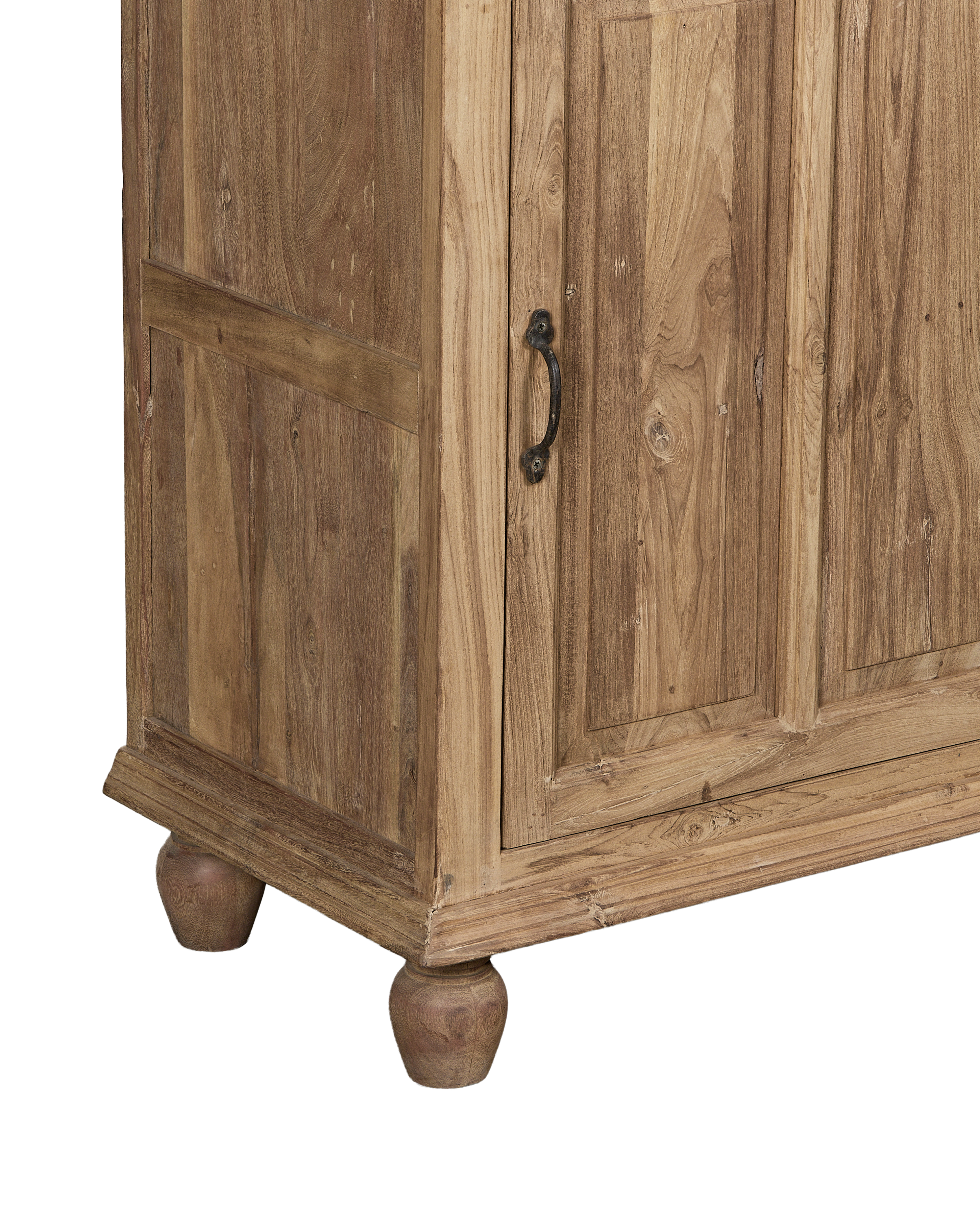 Vintage bleached oak cabinet from India, showing ornate turned feet and distressed wood grain.
