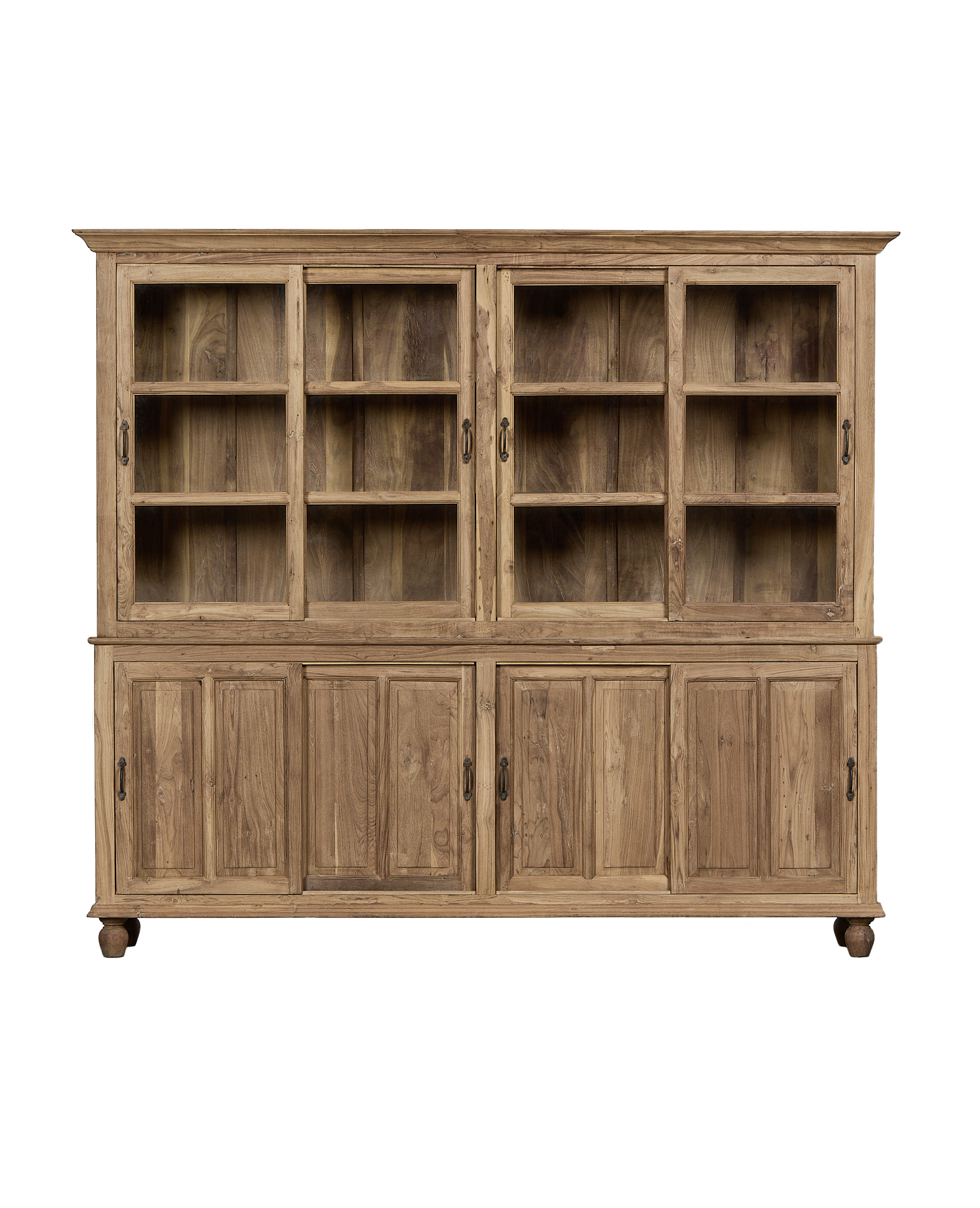 Vintage bleached oak cabinet from India, featuring glass upper doors and closed lower compartments.