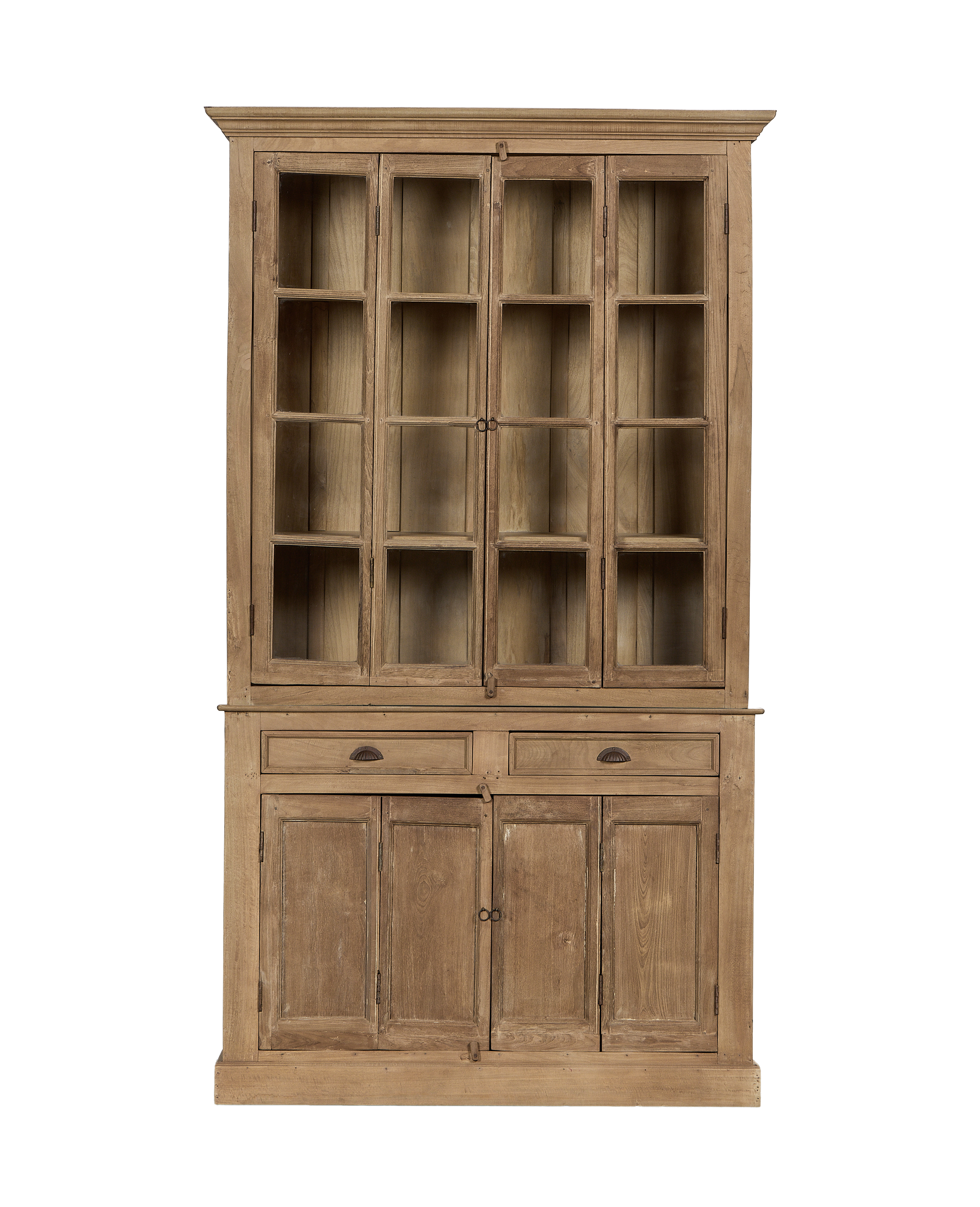 Vintage bleached oak cabinet from India, featuring glass doors, two drawers, and lower doors.