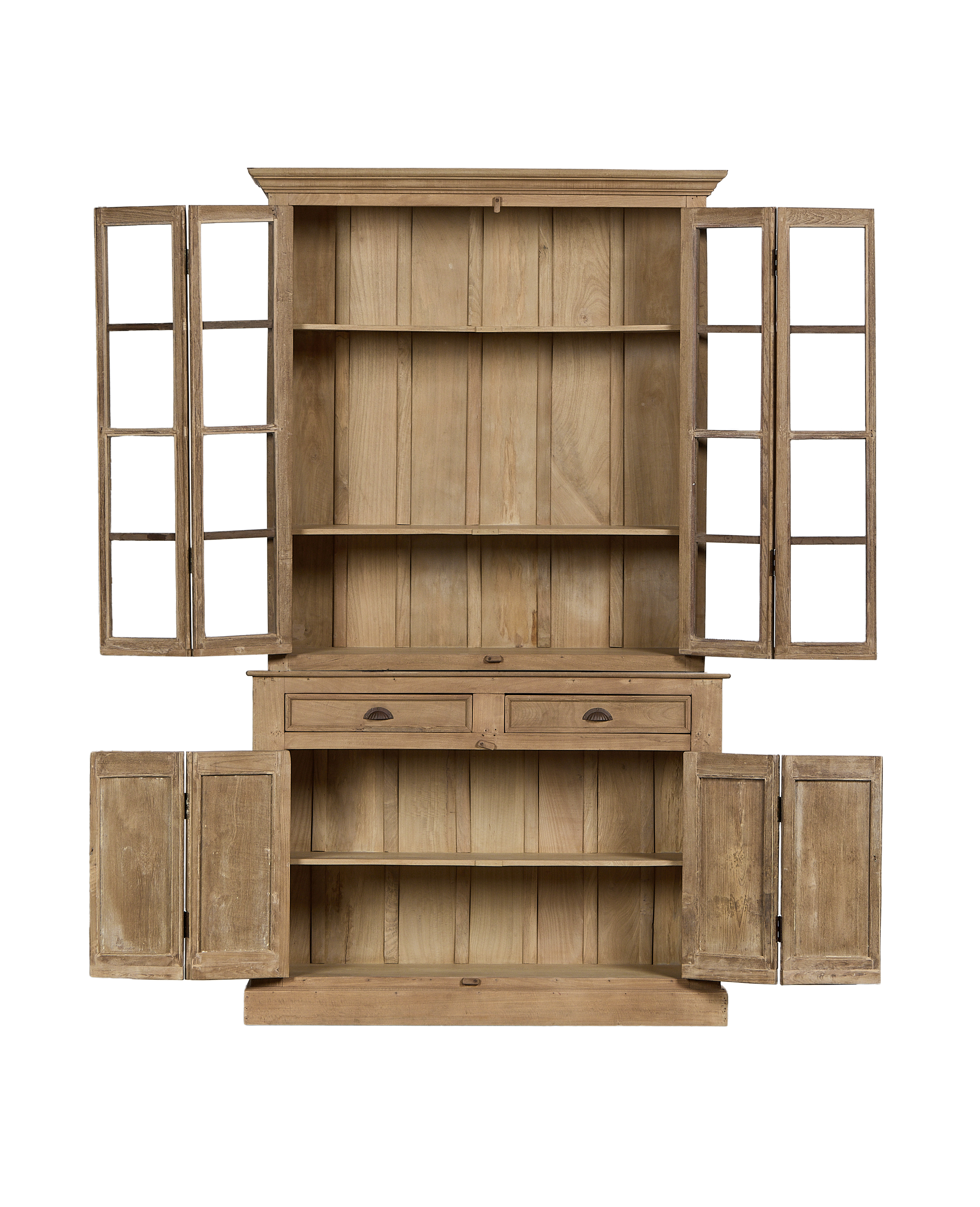 Vintage bleached Oak cabinet from India, all doors and drawers open, showcasing interior shelves.