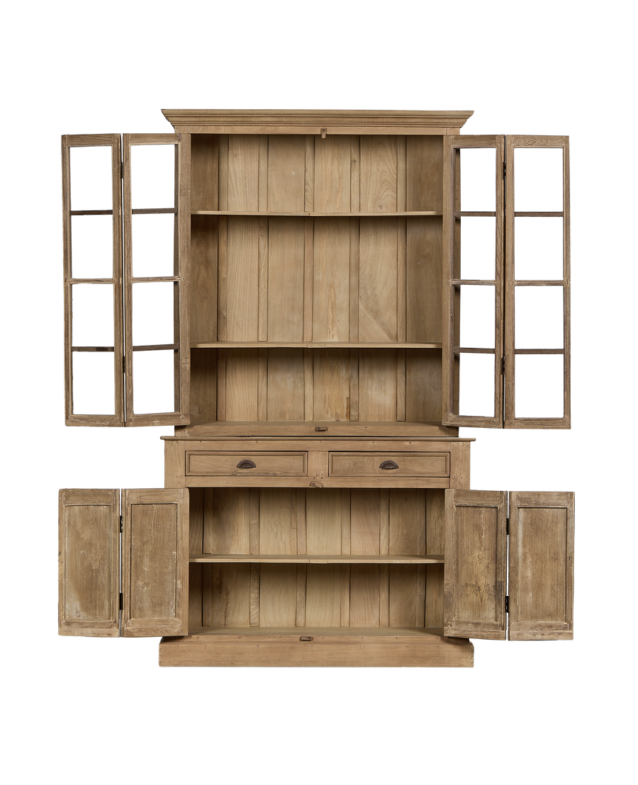 Vintage bleached Oak cabinet from India, all doors and drawers open, showcasing interior shelves.